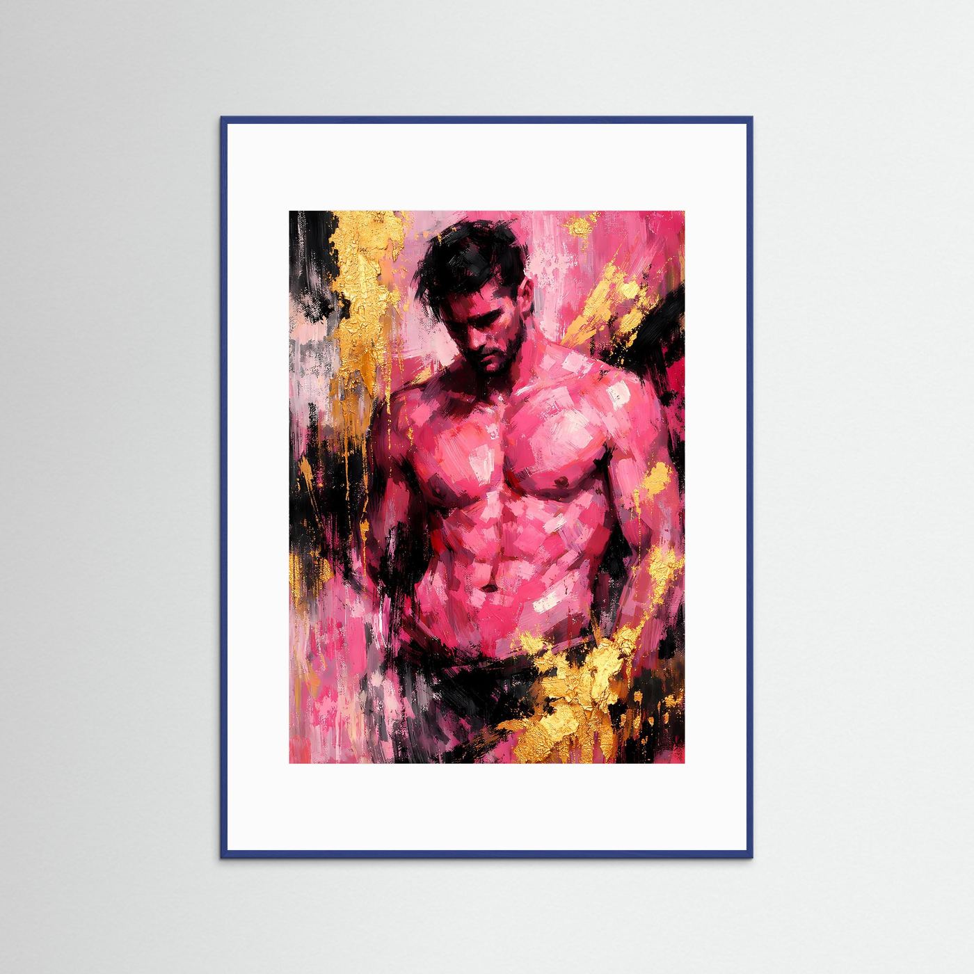 Gerahmtes Poster mit abstrakter Aktfigur in Pink, Schwarz und Gold, blaues Rahmenprofil