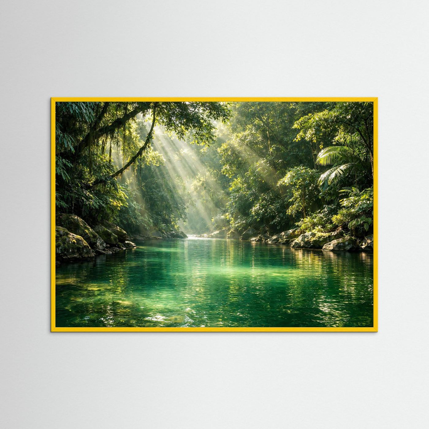 Poster mit Dschungel-Flusslandschaft, grüner Fluss, Sonnenstrahlen, gelber Rahmen