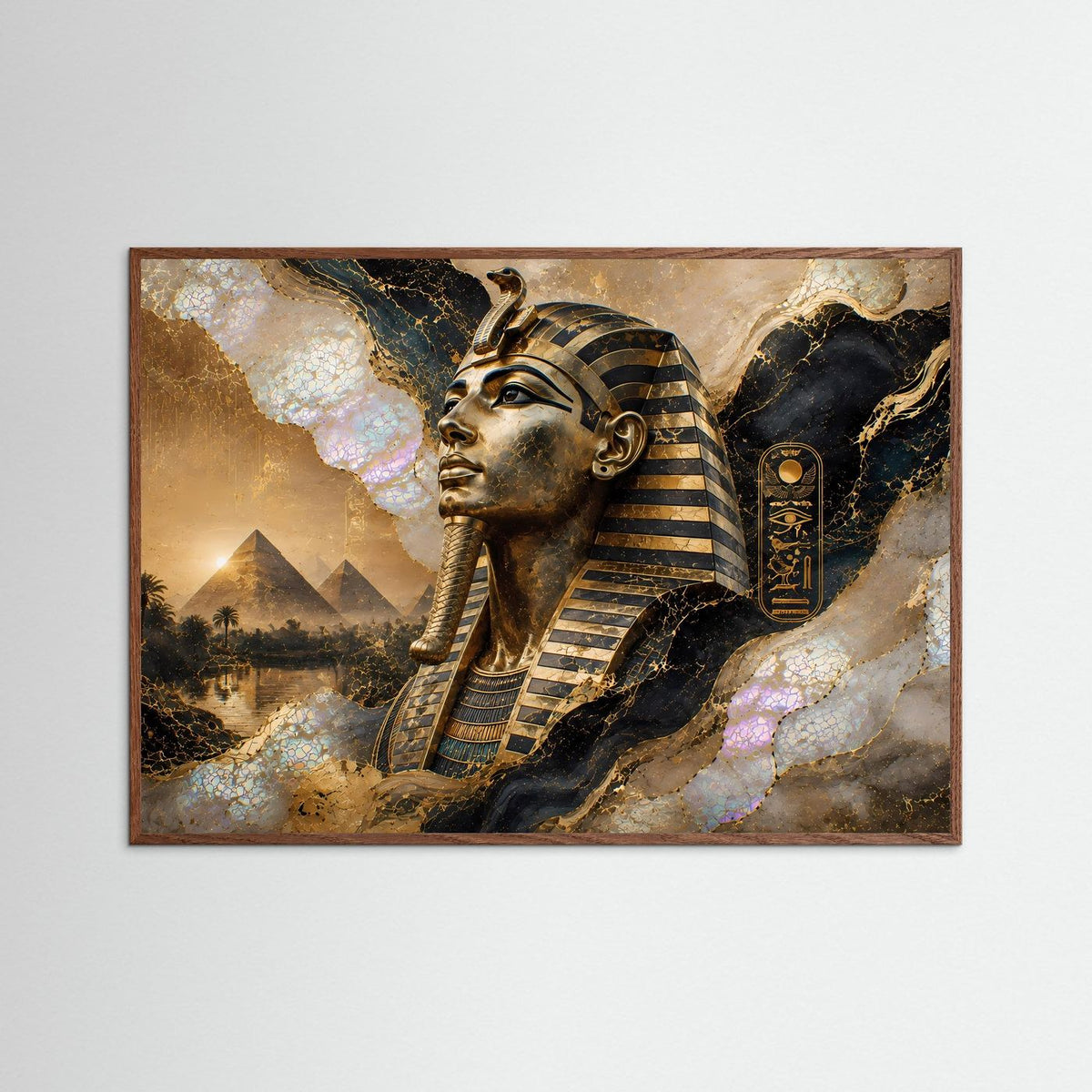 Querformat-Poster im dunklen Eichenrahmen: ägyptischer Pharao in Gold und Perlmutt