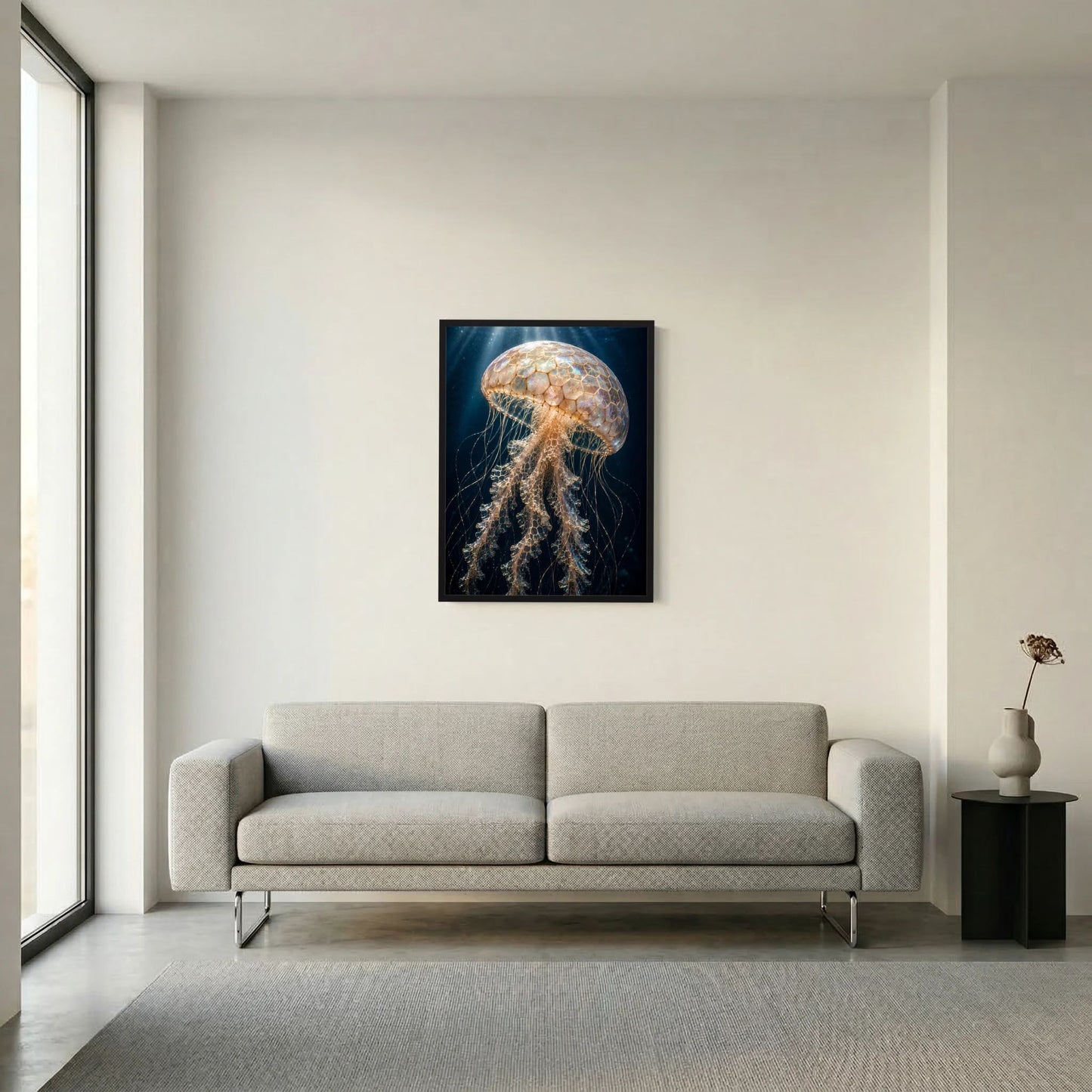 Hochformat-Poster mit Qualle in Perlmutt & Goldtönen, schwarzer Rahmen