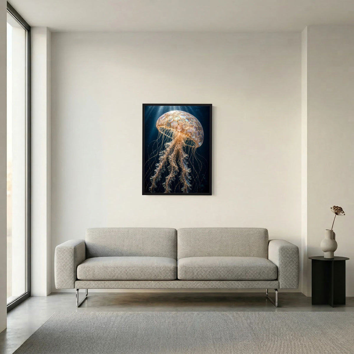Hochformat-Poster mit Qualle in Perlmutt & Goldtönen, schwarzer Rahmen