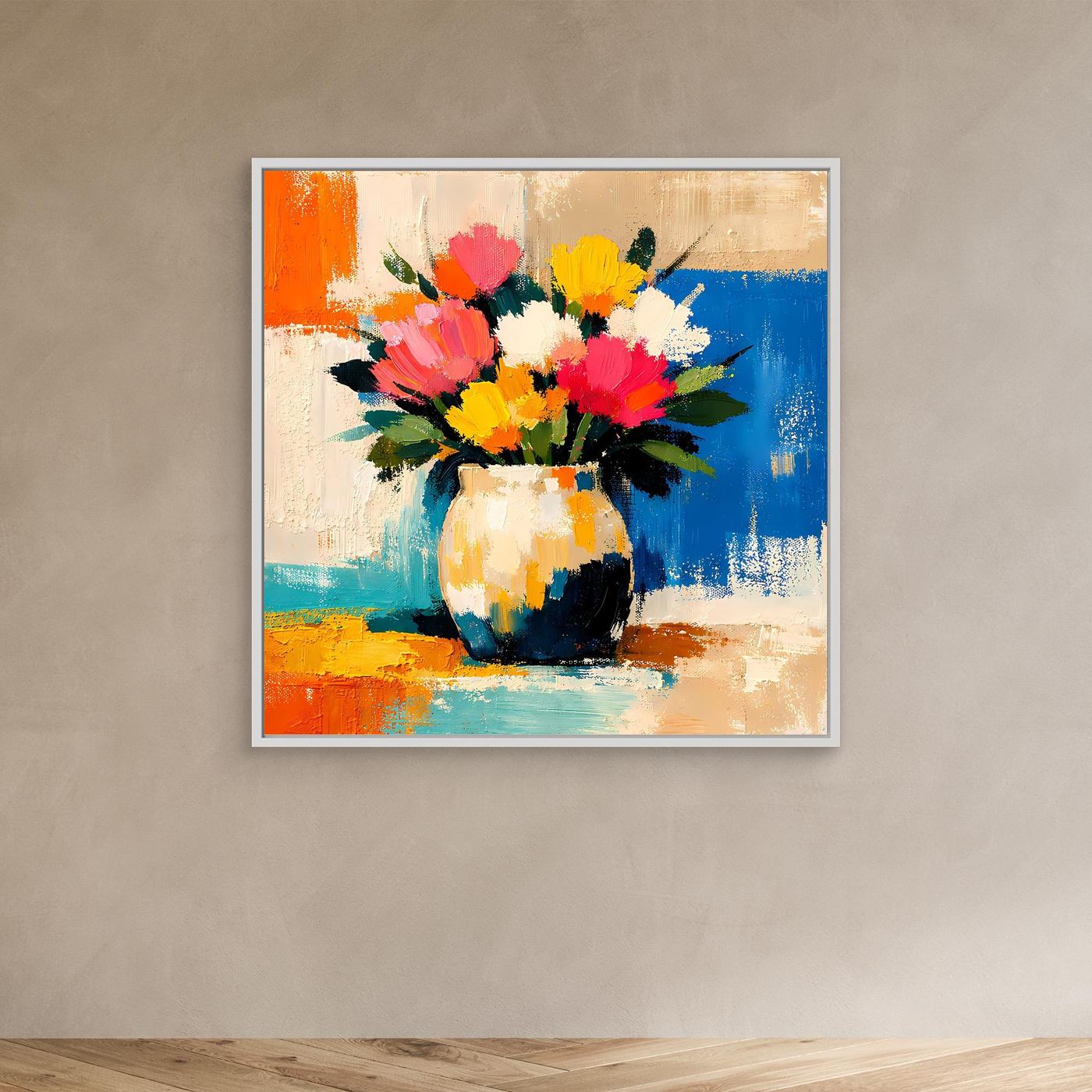 Light gray framed canvas wall art with colorful bouquet in a vase, abstract painting