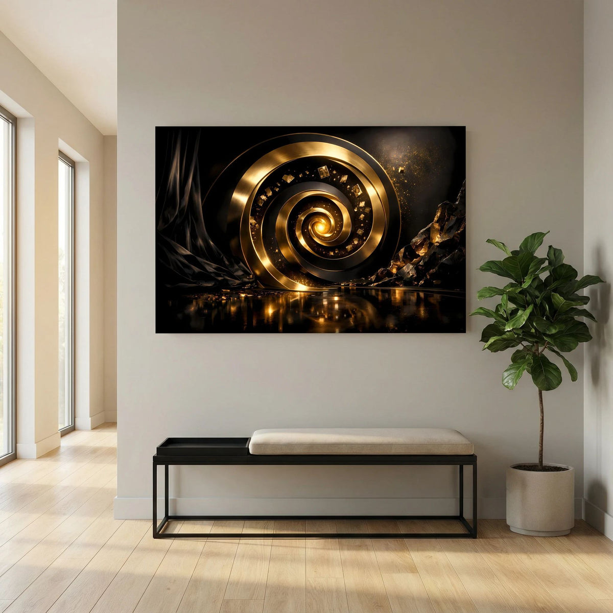 Wandbild mit goldener Kreisspirale und dunklem Untergrund, Querformat