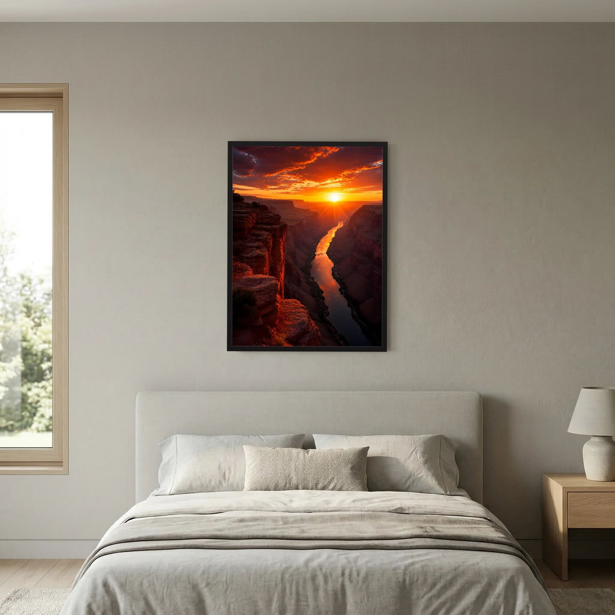 Gerahmtes Poster mit Canyonfluss, leuchtender Sonne und Sonnenuntergang, schwarze Einfassung