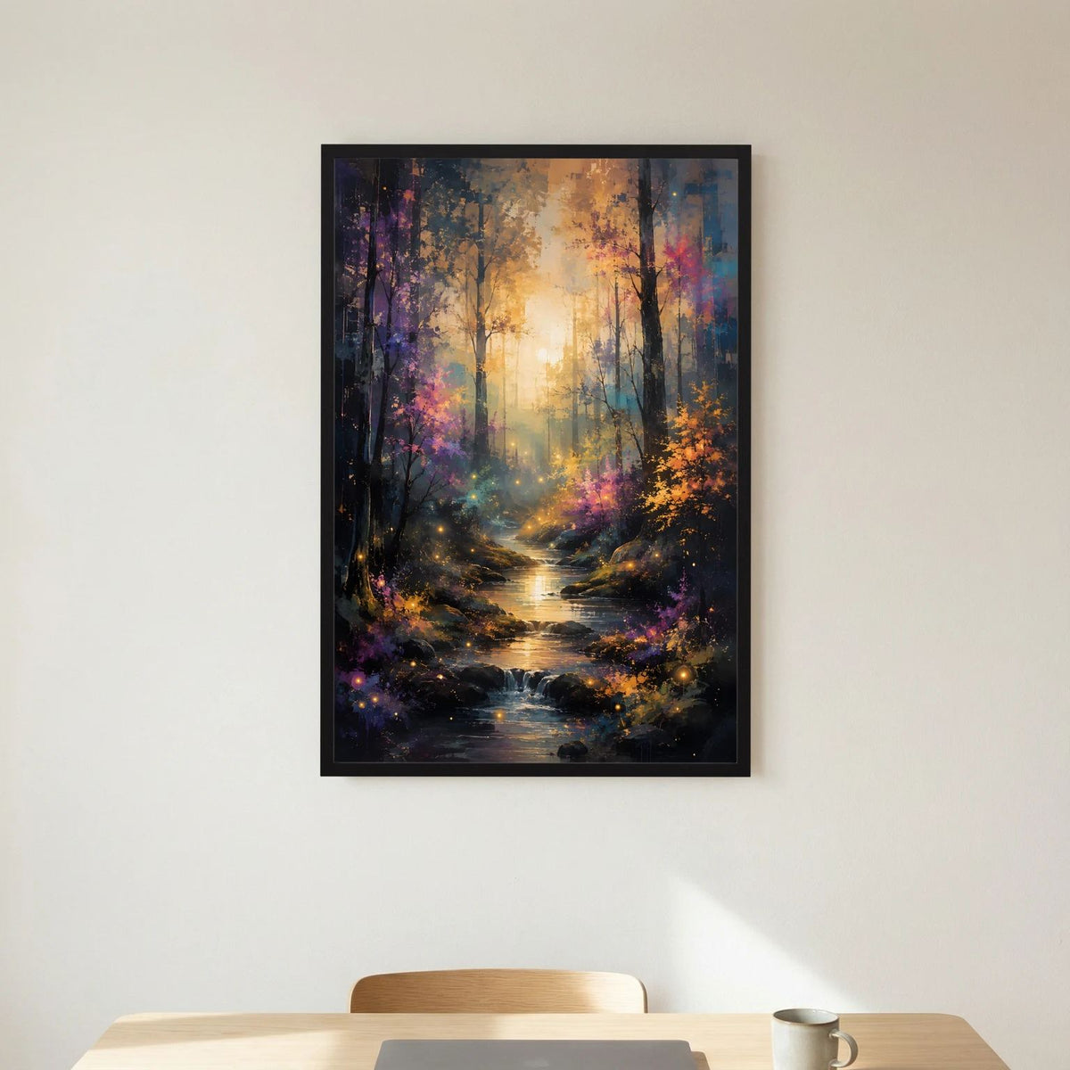 Wandbild im Hochformat mit schwarzem Rahmen: Waldweg, leuchtender Bach und farbige Lichter