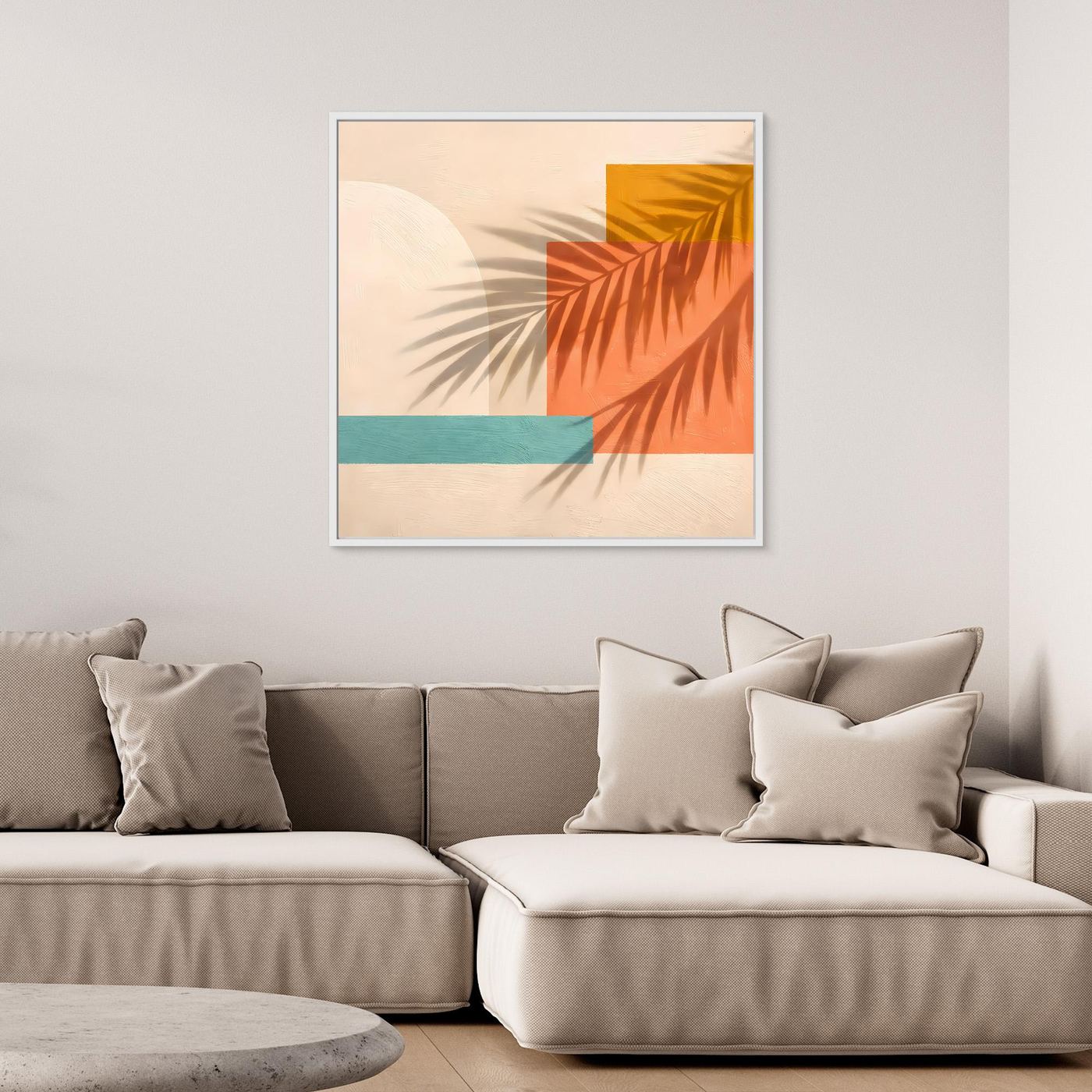 Leinwand Abstrakte Geometrie mit Palmenschatten | Modernes Boho Wandbild Terracotta