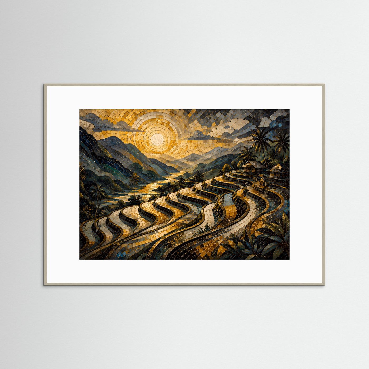 Gerahmter Kunstdruck: Mosaik-Landschaft mit Reis-Terrassen, Sonne am Himmel, quer