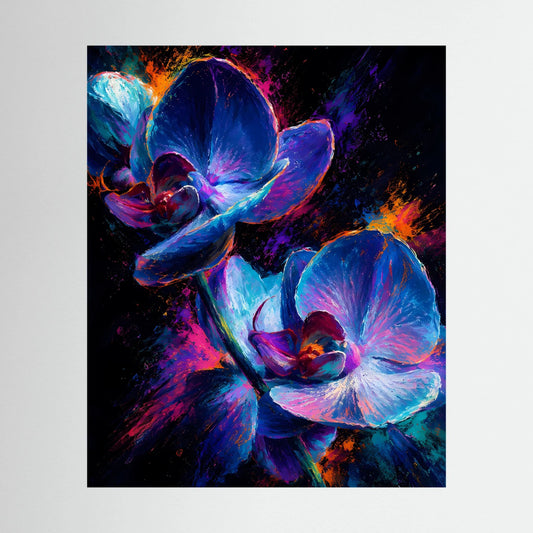Poster im Hochformat mit abstrakten Orchideenblüten in Blau und Pink auf schwarzem Hintergrund