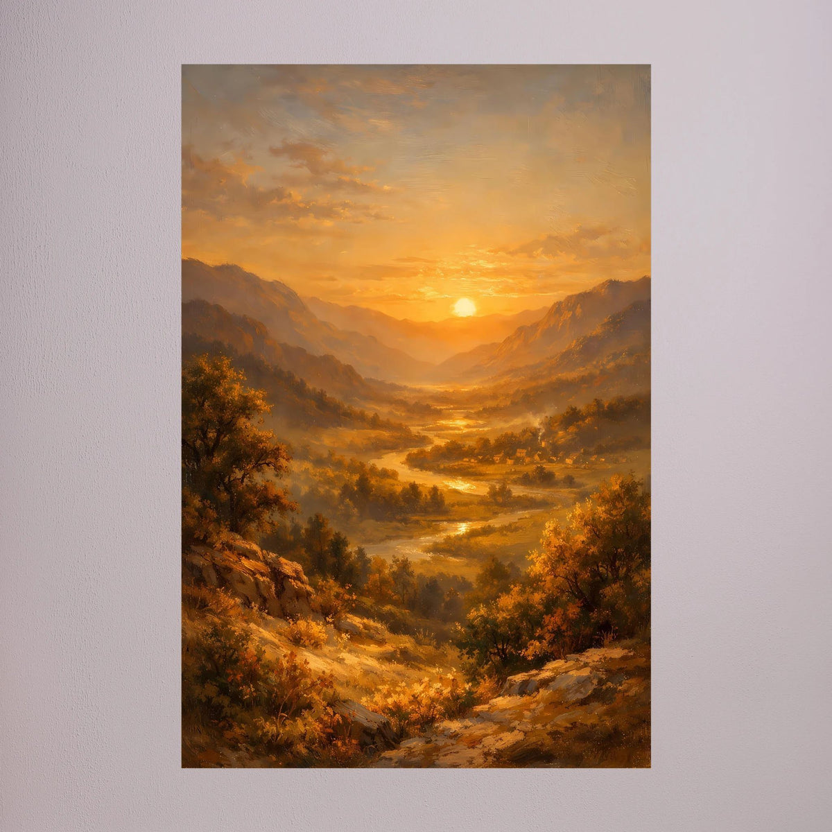 Hochformatiges Wandbild mit Berglandschaft im goldenen Abendlicht, Detailansicht