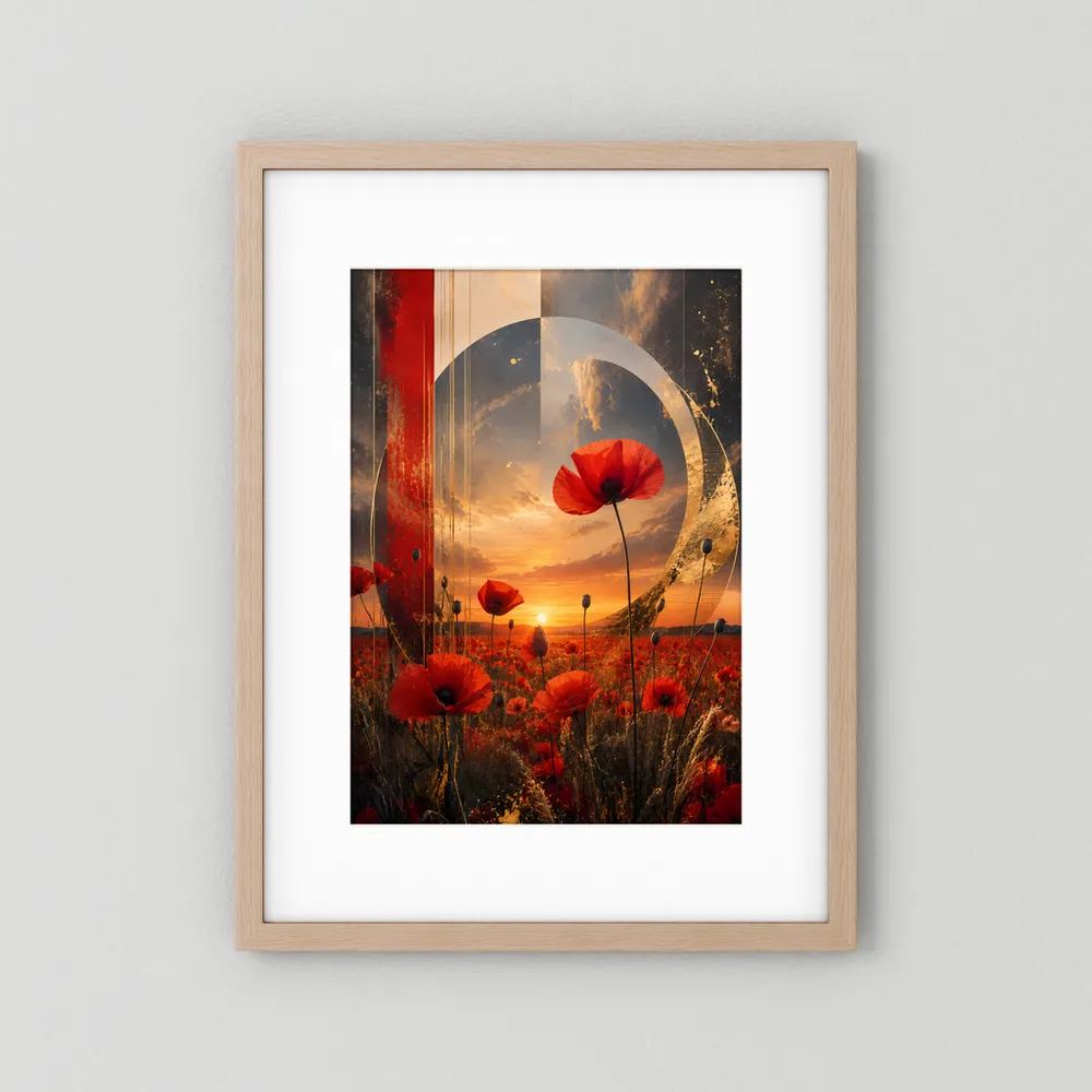 Kunstposter mit roten Mohnblüten und goldenem Kreisbogen, in hellem Holzrahmen