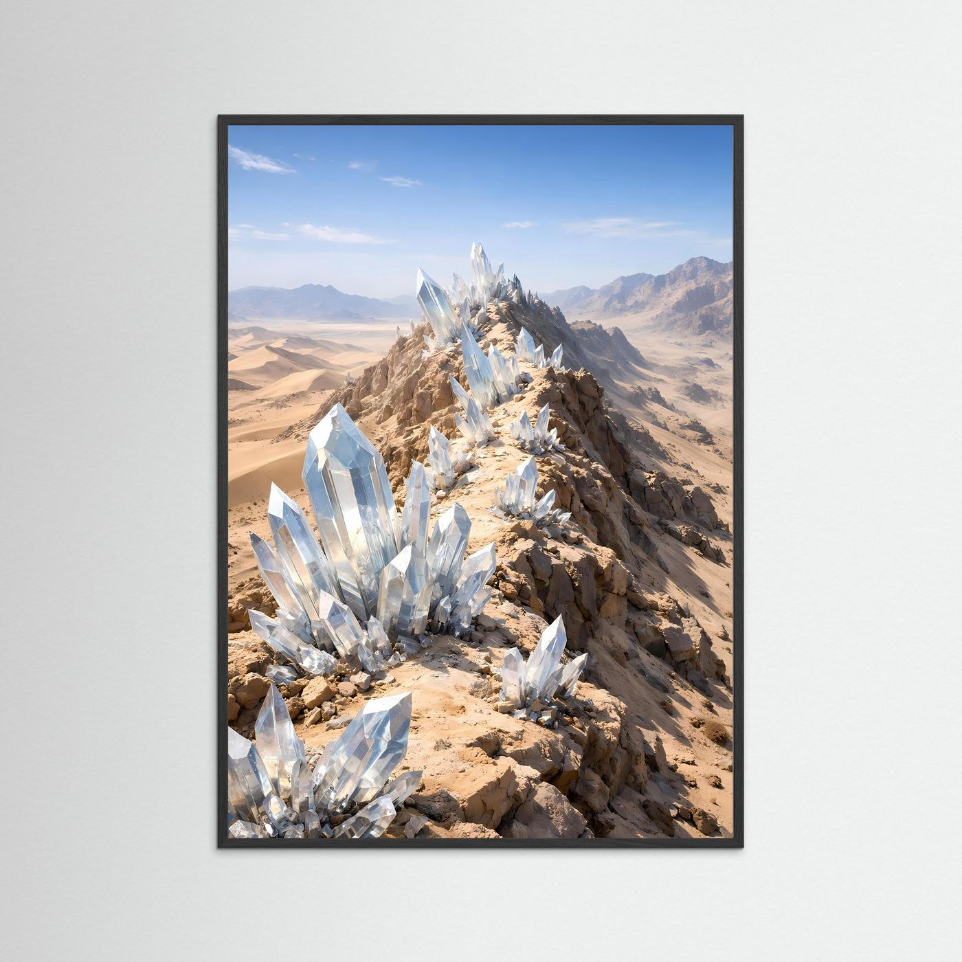 Hochformatiges Kristall-Desert-Poster, schwarz gerahmt, silberne Kristalle vor Wüste
