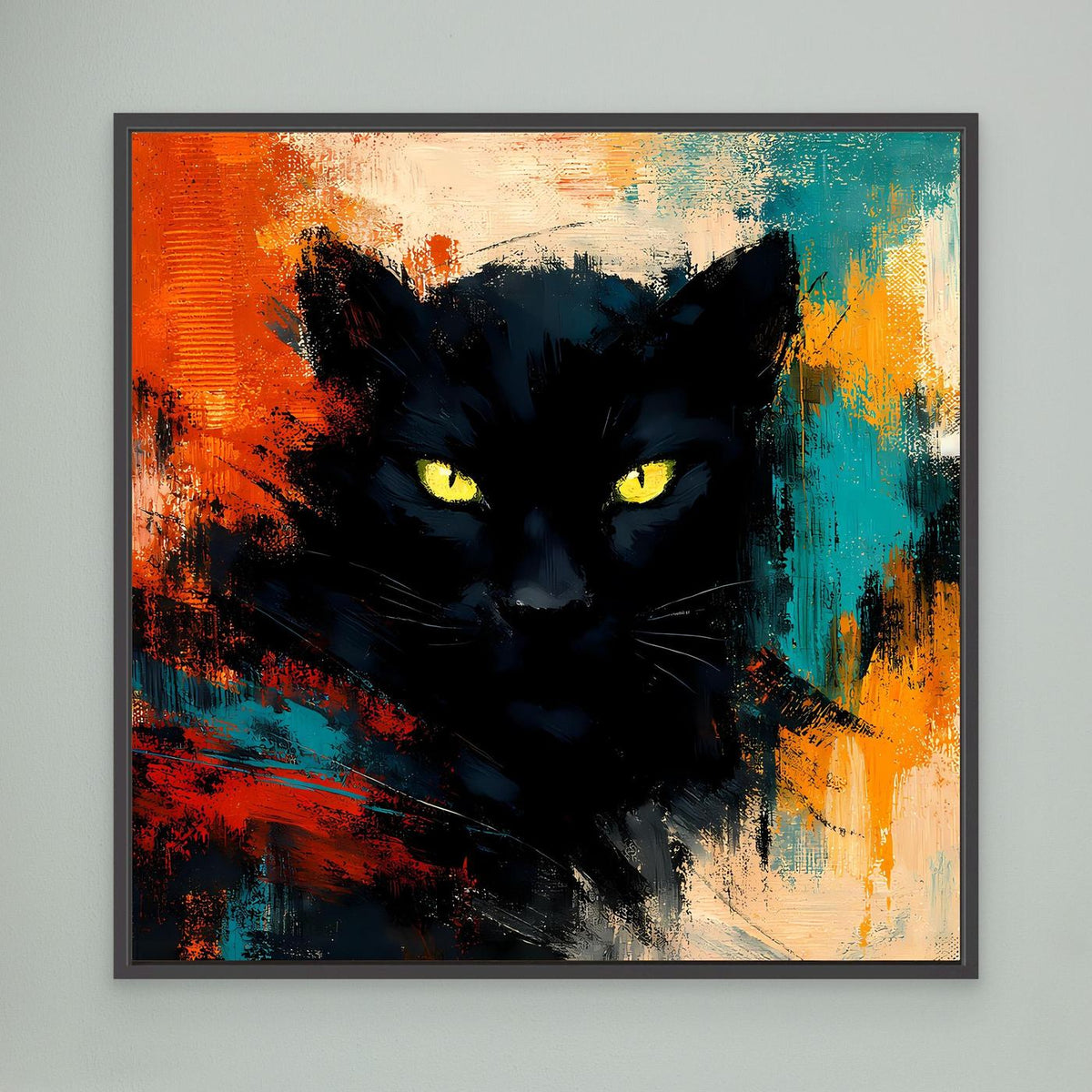 Leinwand-Wandbild mit schwarzem Pantherkopf und gelben Augen im schwarzen Rahmen