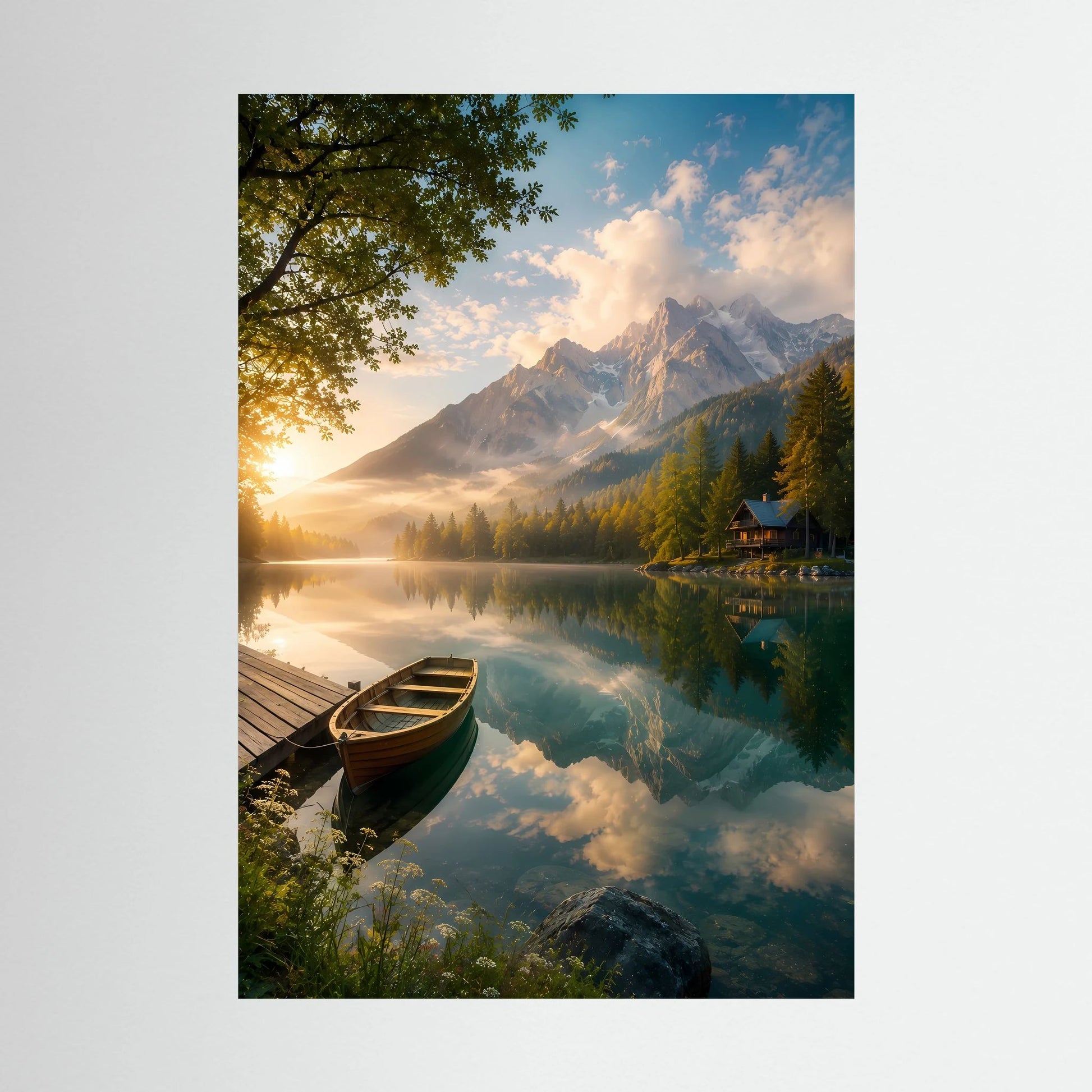 Hochformat-Kunstposter: Holzboot am Bergsee, Spiegelung und Alpenberge im Morgenlicht.