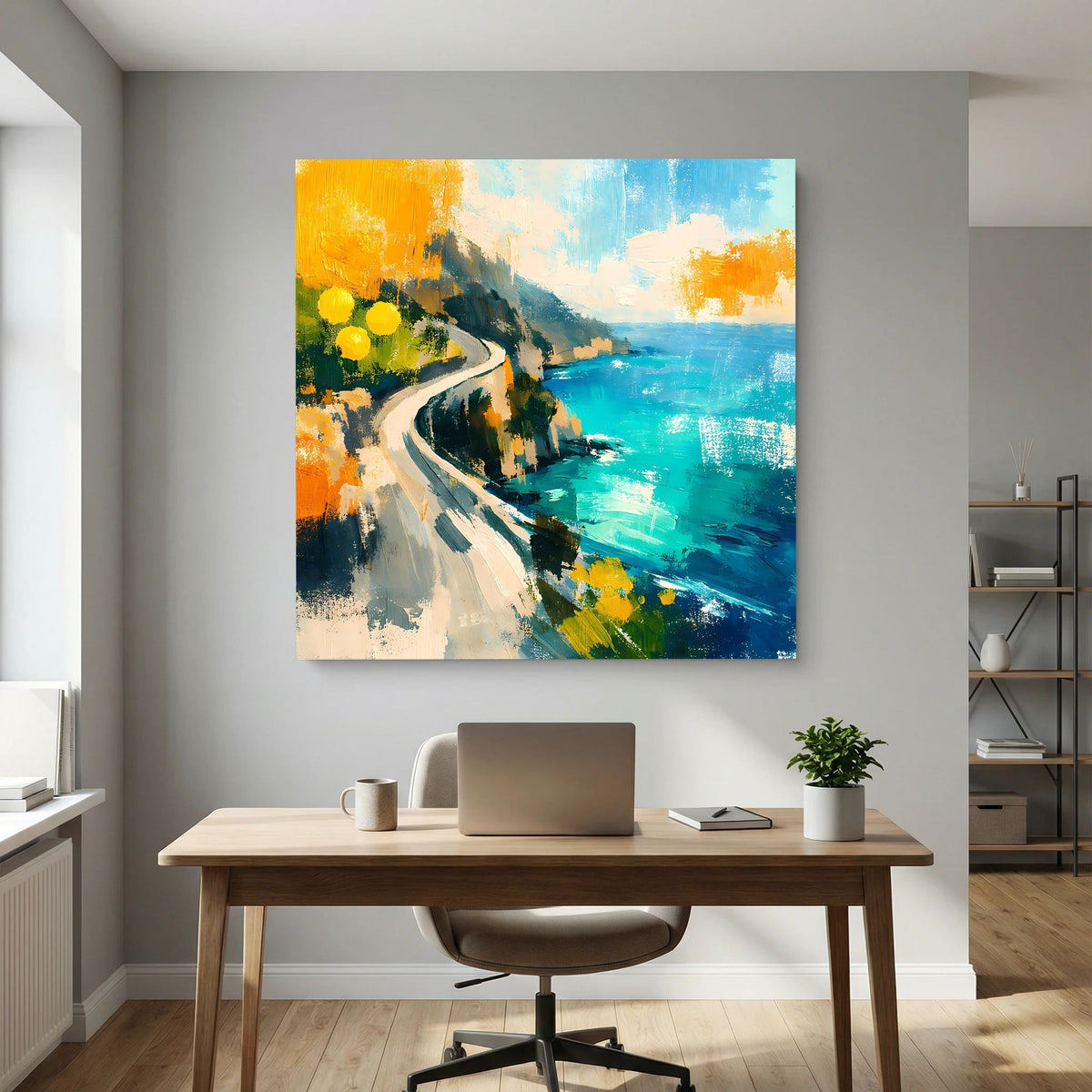 Abstraktes Leinwandbild mit geschwungener Straße, türkisblauem Meer und grünen Farbpunkten