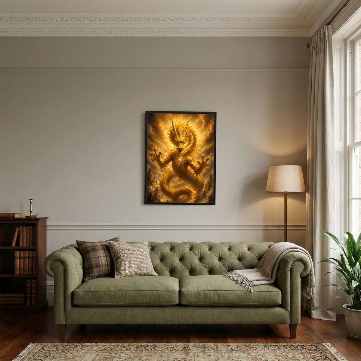 Gerahmtes Poster mit goldenem chinesischem Drachenmotiv, schwarz eingefasst