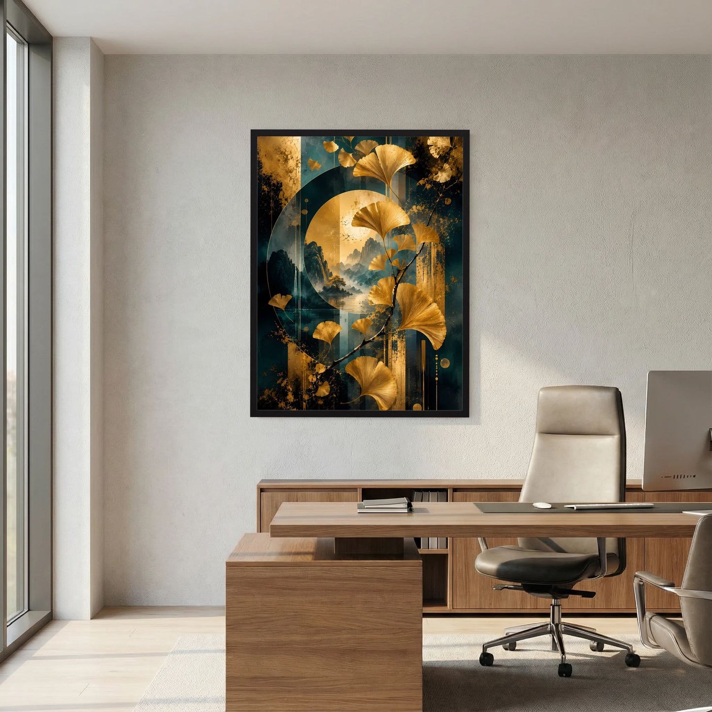 Gerahmtes Poster im Hochformat mit goldenen Ginkgo-Blättern und blau-goldener Bergkulisse