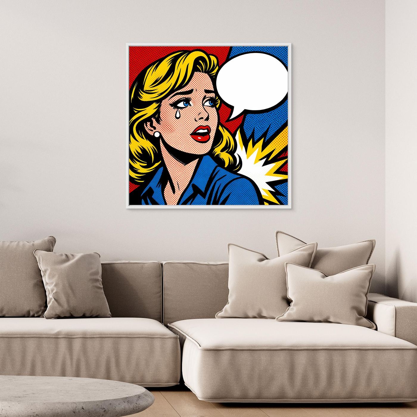 Leinwandbild im Comic-Design mit Porträt einer Frau, blonder Haarlook und Sprechblase
