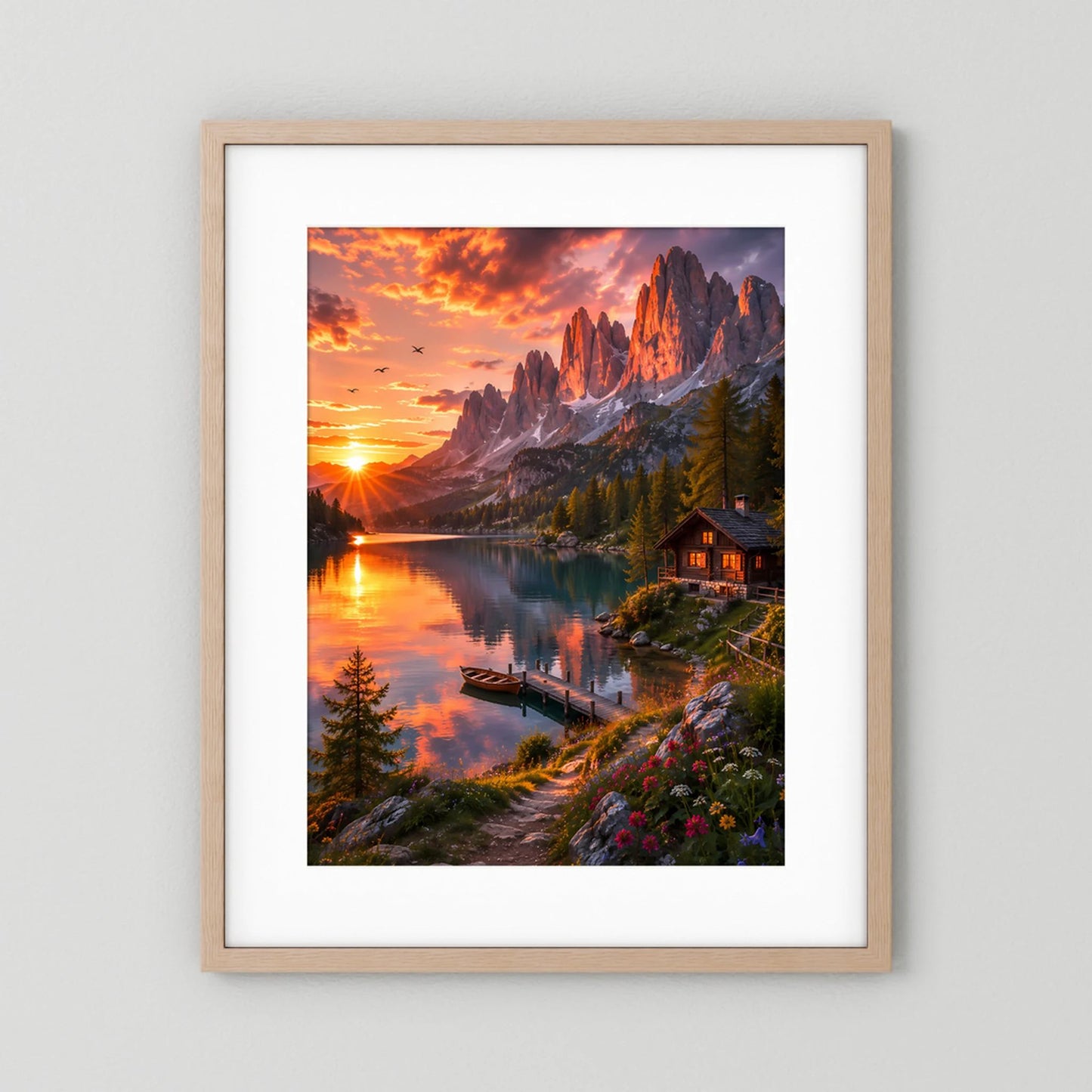 Hochformatiges Poster mit Sonnenuntergang, See und Berghütte, Holzrahmen (hell) mit weißem Rand
