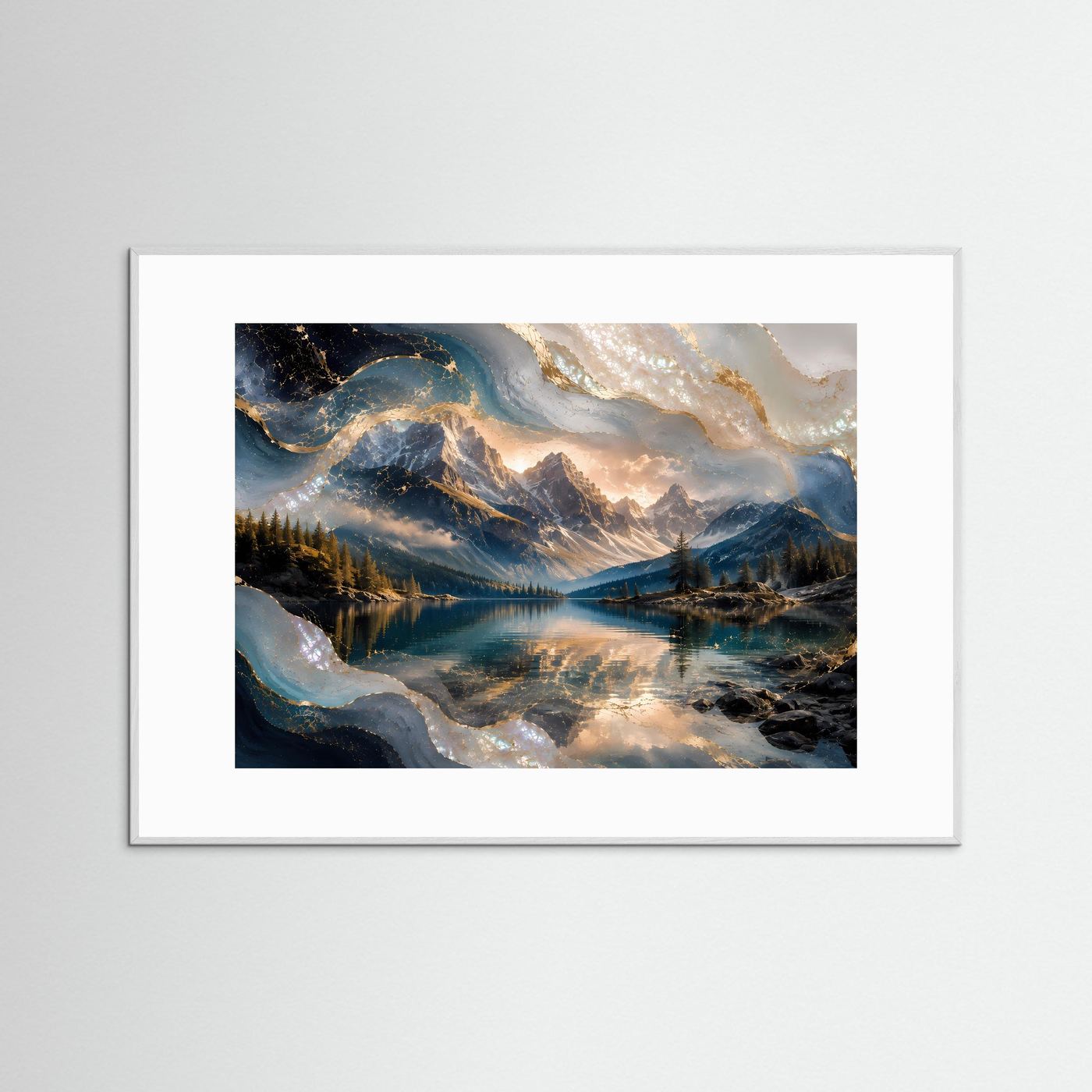 Querformat-Poster mit weißem Rahmen und abstrakter Berglandschaft mit Bergsee in Blau und Gold