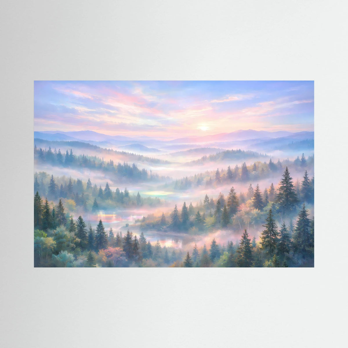 Horizontales Wandbild mit Waldlandschaft im Morgennebel und pastelligem Sonnenaufgang