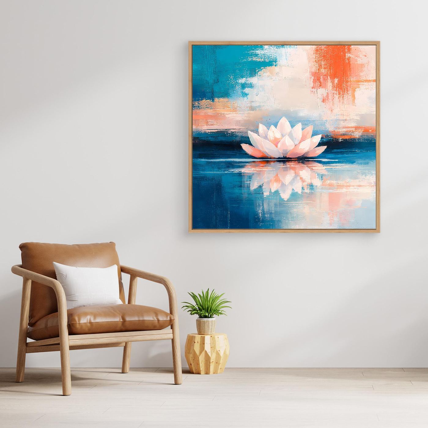 Leinwand Abstrakte Lotusblüte auf dem Wasser | Modernes Seerosen Wandbild Blau Orange
