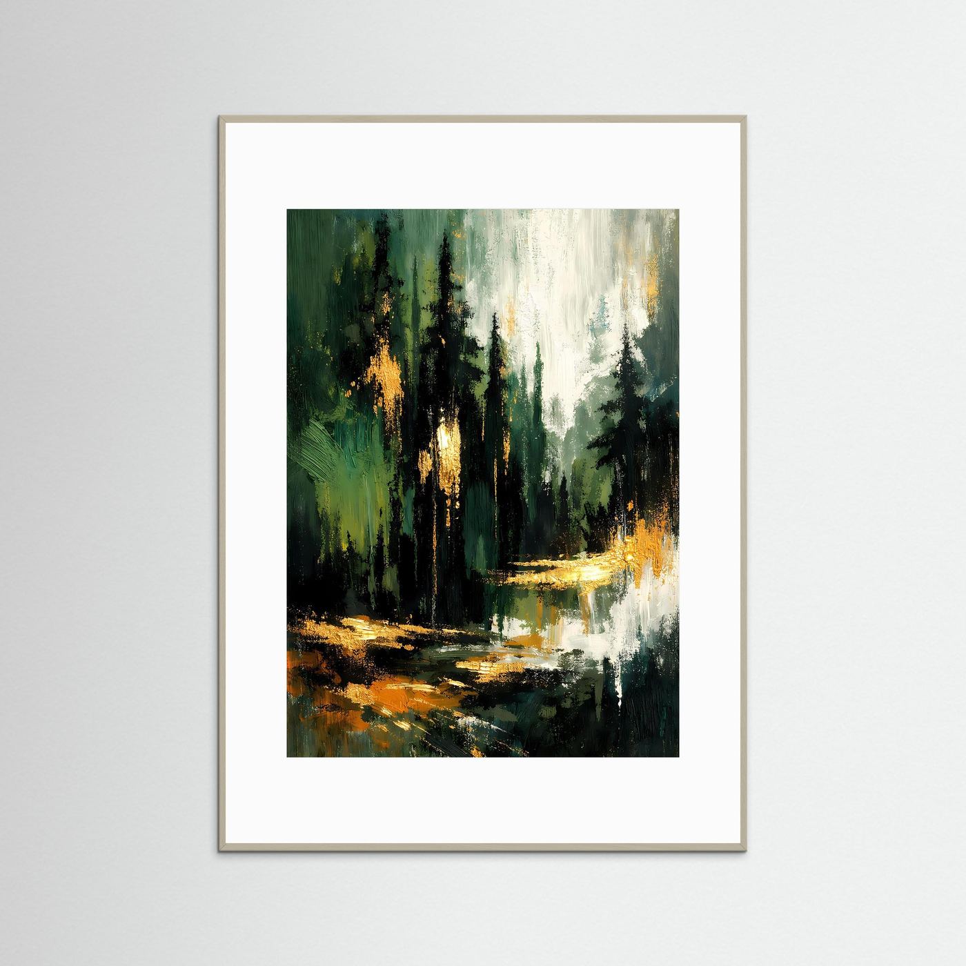 Abstraktes Tannenwald-Poster im grauen Holzrahmen, mit goldenen Lichtspuren