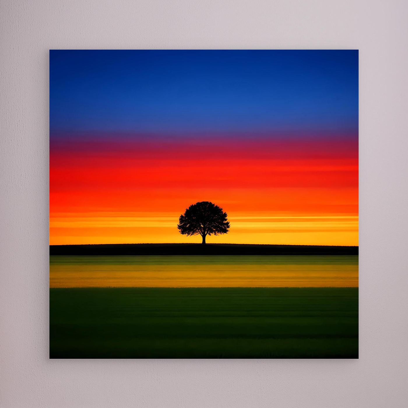 Leinwandbild mit Sonnenuntergangslandschaft und Baum in der Mitte, ohne sichtbaren Rahmen