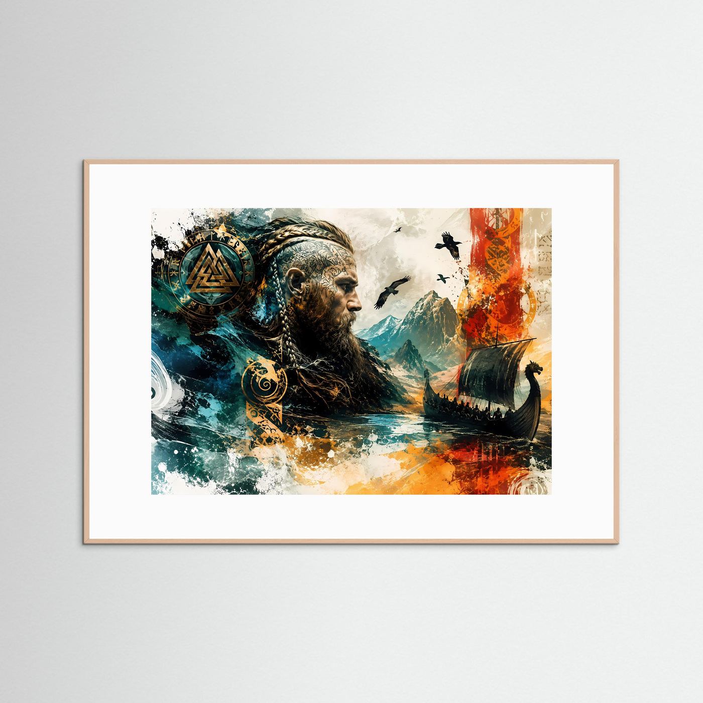 Wikinger Poster | Nordische Mythologie Wandbild | Viking Schiff & Runen | Abstrakte Fantasy Kunst | Leinwand Modern