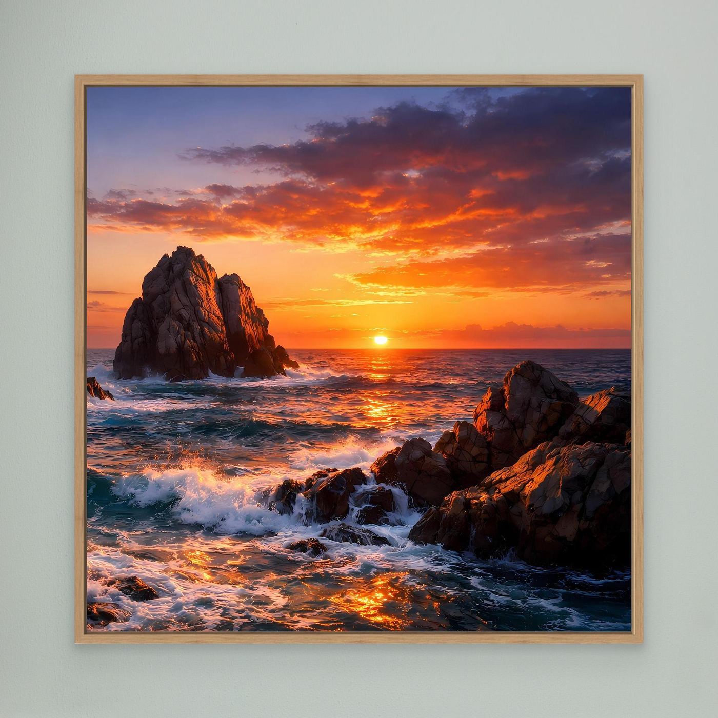 Leinwand-Wandbild im Holzrahmen mit Sonnenuntergang am Meer, Felsklippen und Wellen