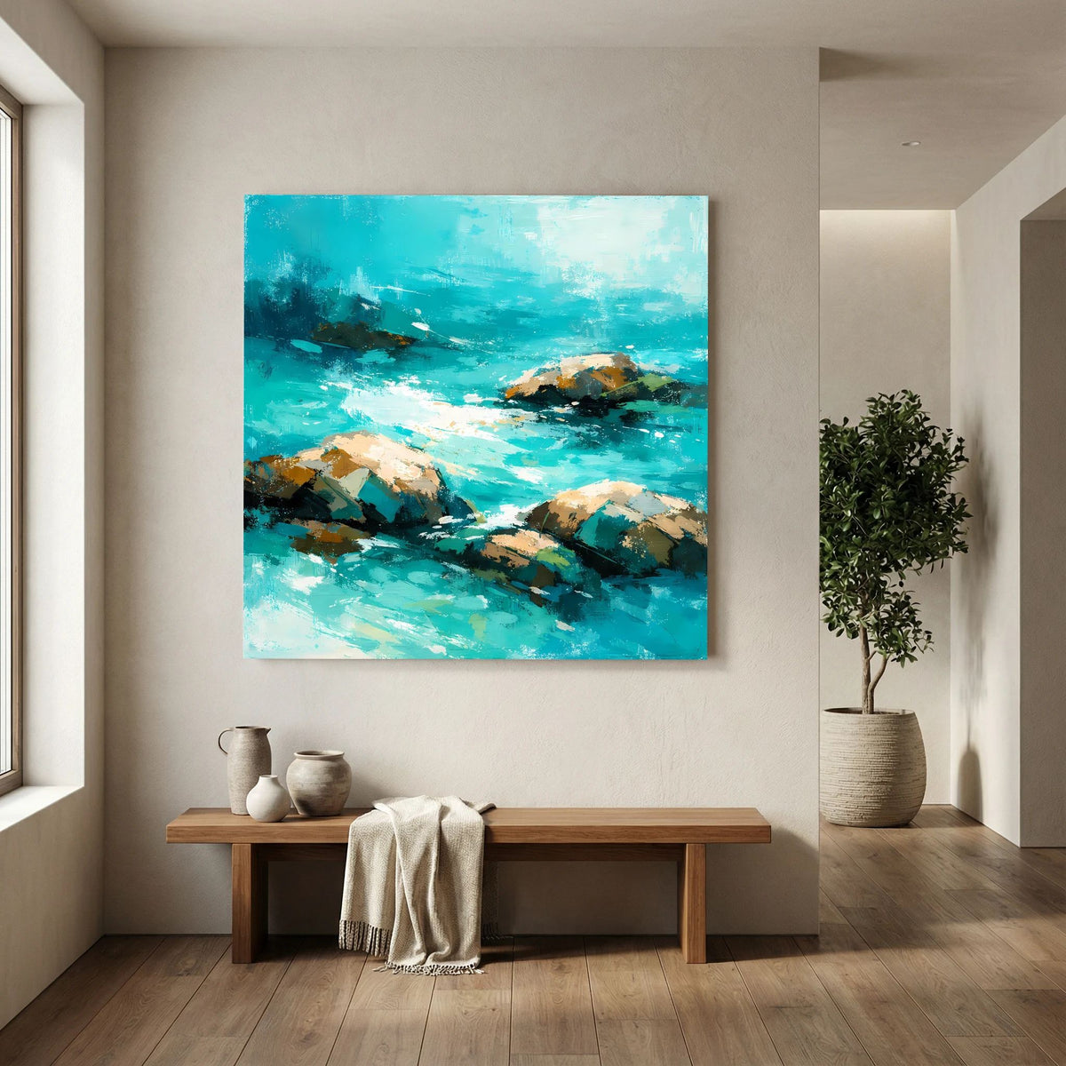 Leinwand-Wandbild mit abstraktem Küstenmeer, türkis und braune Felsen
