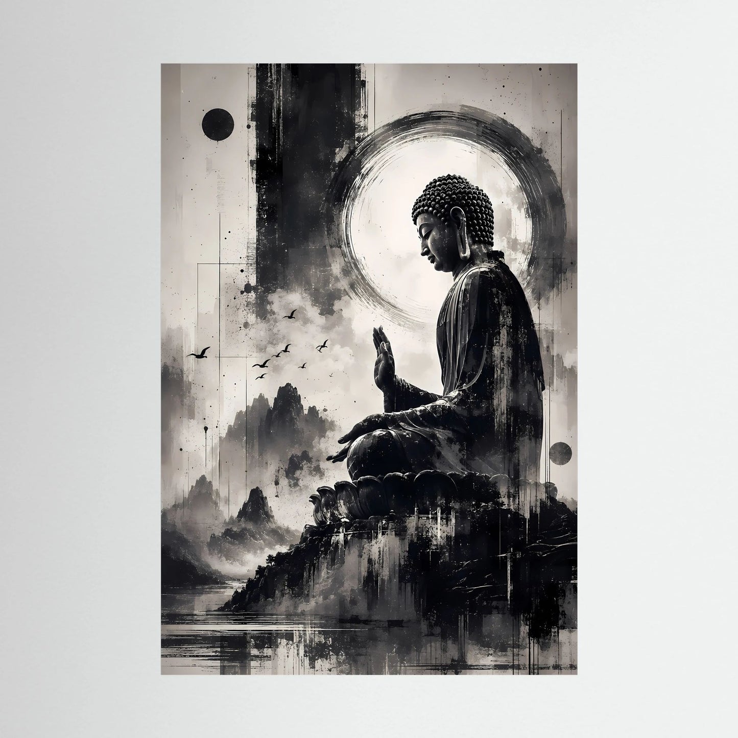 Schwarzweißer Buddha-Zen-Kunstprint im Hochformat mit meditierender Statue