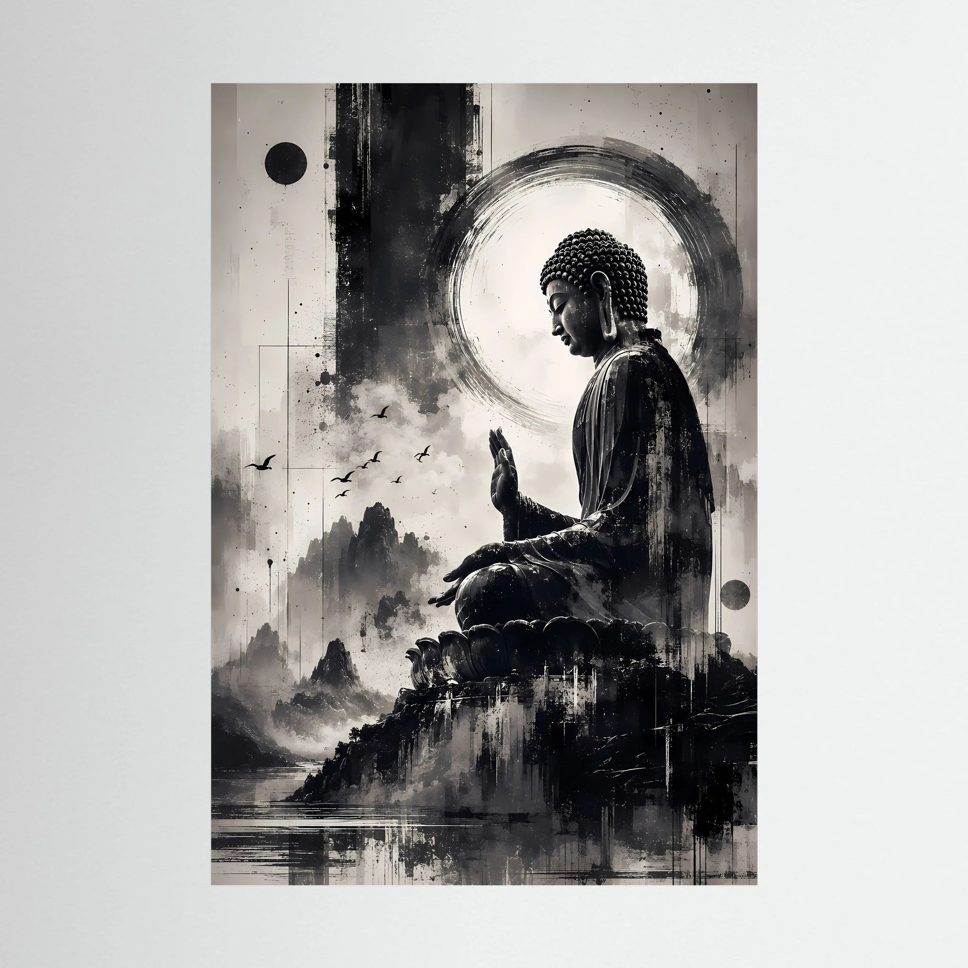 Schwarzweißer Buddha-Zen-Kunstprint im Hochformat mit meditierender Statue