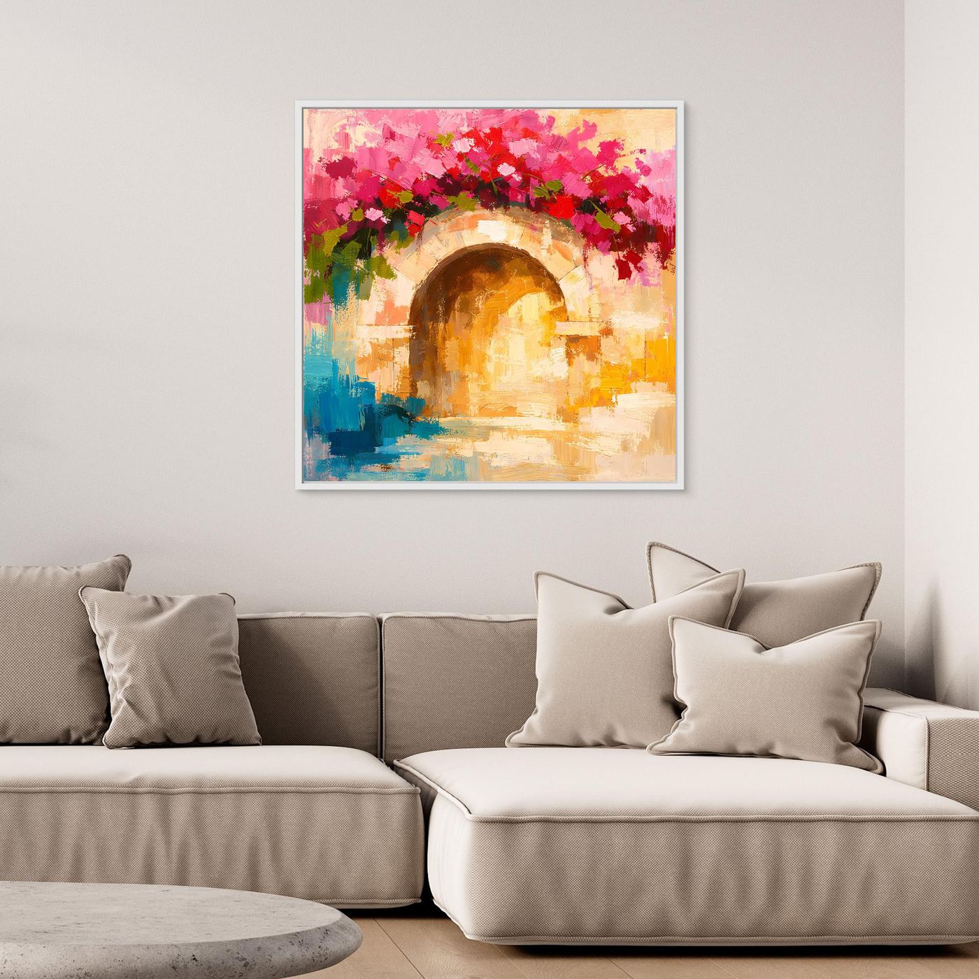 Leinwand Abstrakter Torbogen mit Bougainvillea | Modernes Mediterranes Wandbild Italien