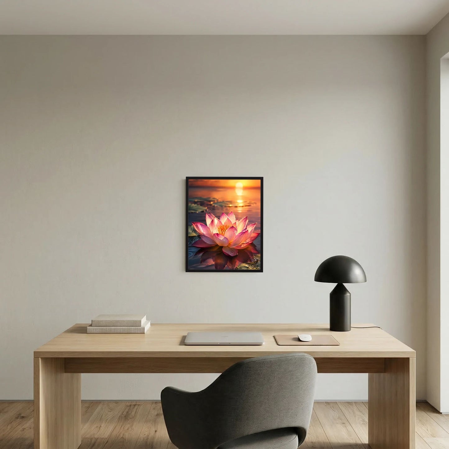 Poster mit rosa Lotusblüte beim Sonnenuntergang in schwarzem Rahmen über Holztisch