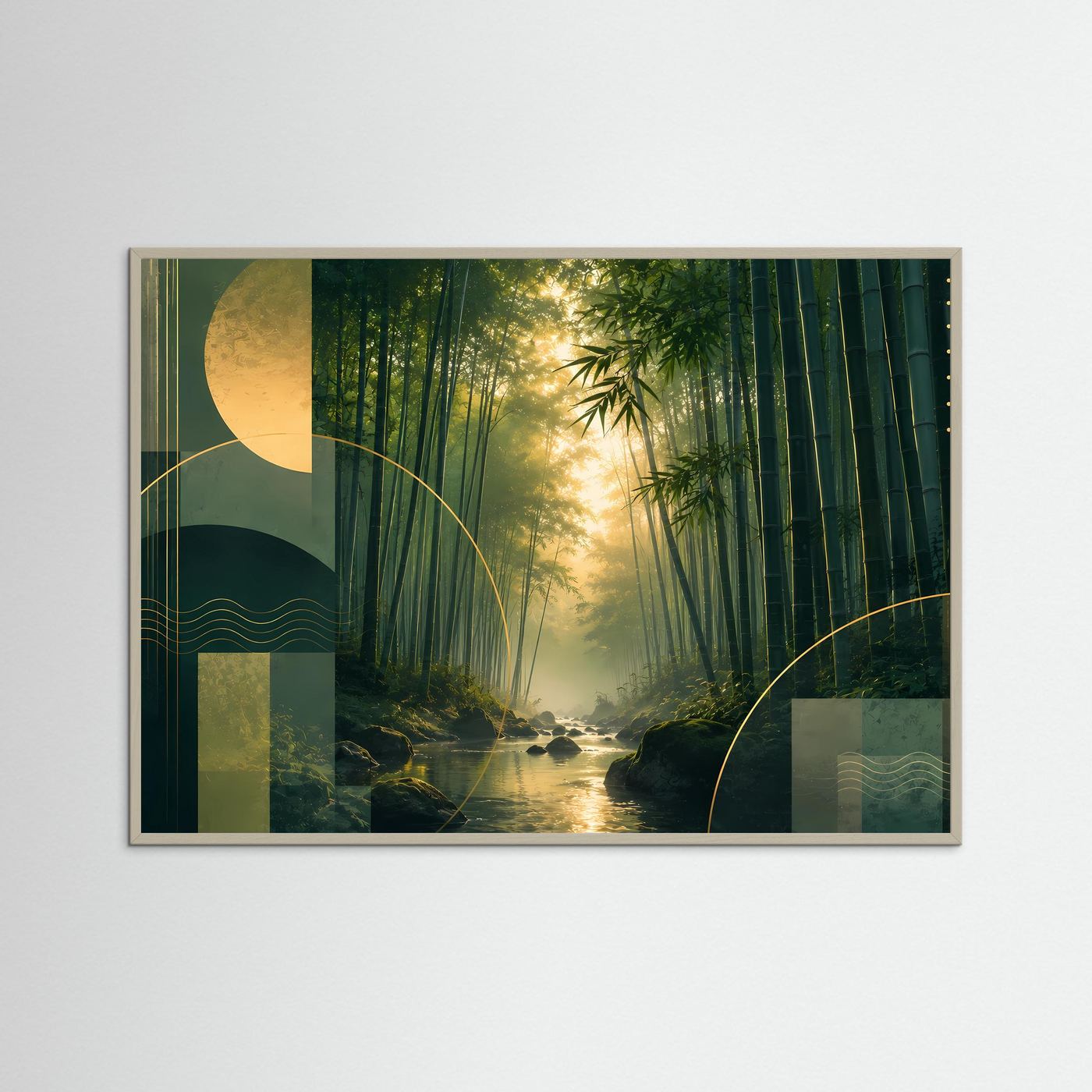 Bambuswald Poster Querformat | Japanische Natur Landschaft in Grün & Gold | Asiatisches Zen Wandbild