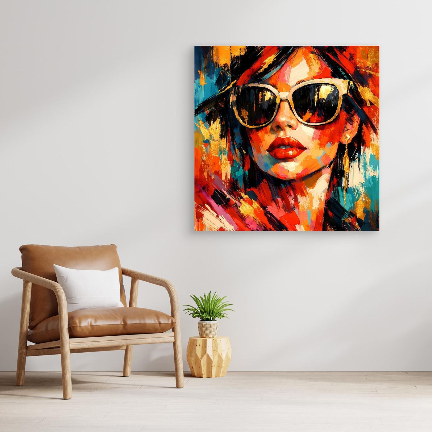 Gerahmtes Leinwandbild: Frau mit Sonnenbrille im Pop-Art-Look, heller Holzrahmen, bunt