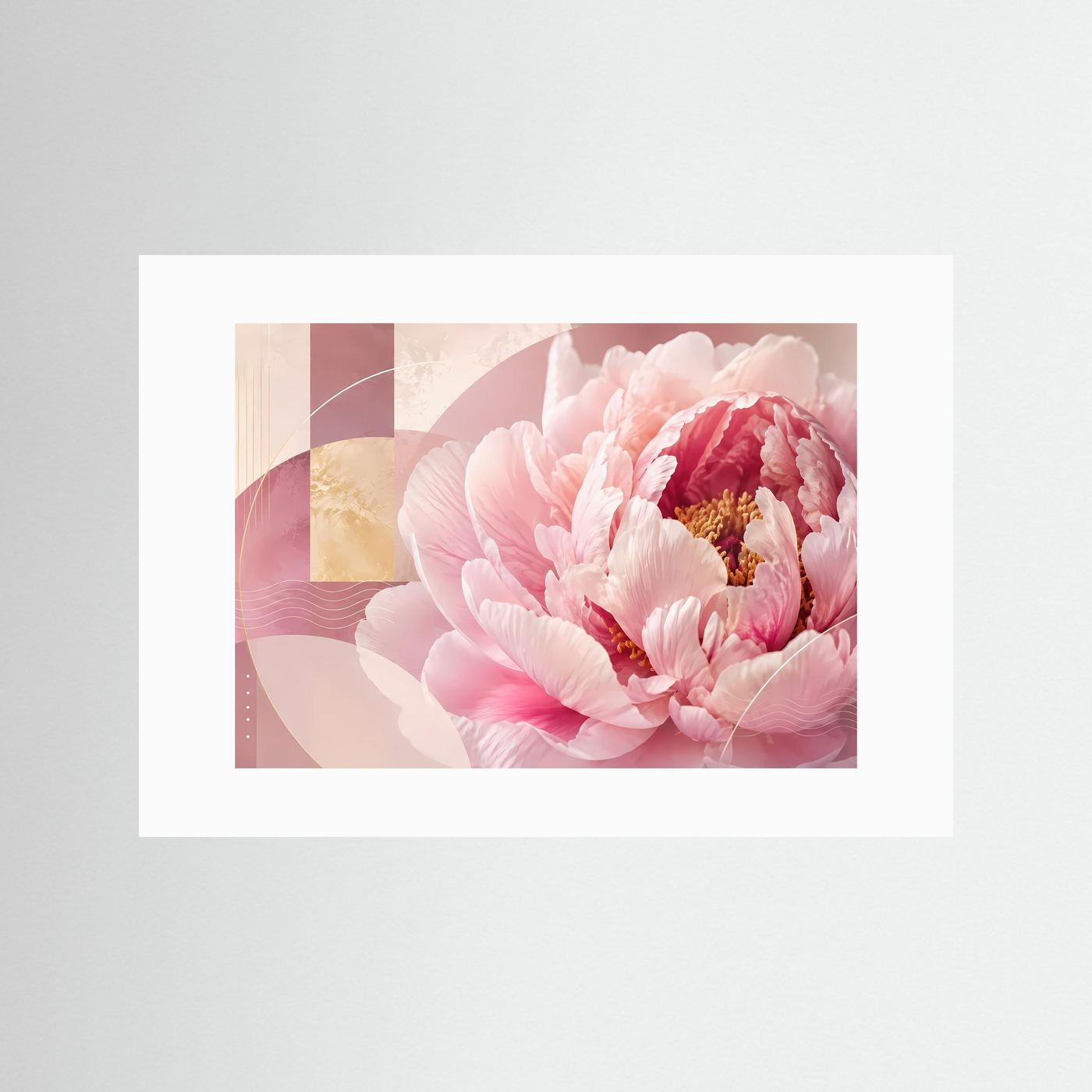 Querformatiges Poster mit weißem Passepartout und rosa Pfingstrosen