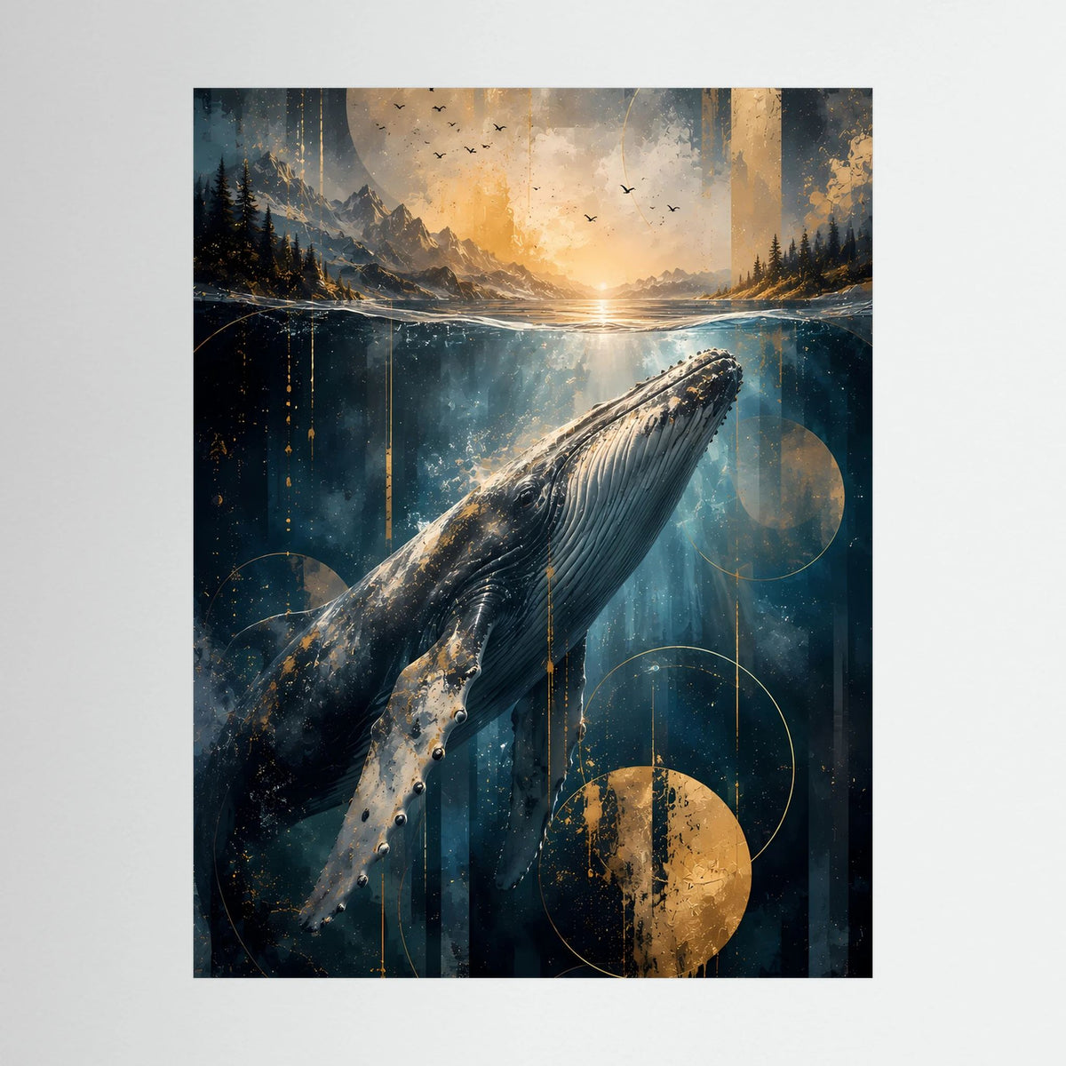 Nahansicht Hochformat-Poster: Wal unter Wasser, Blau-Gold-Landschaft mit goldener Sonne