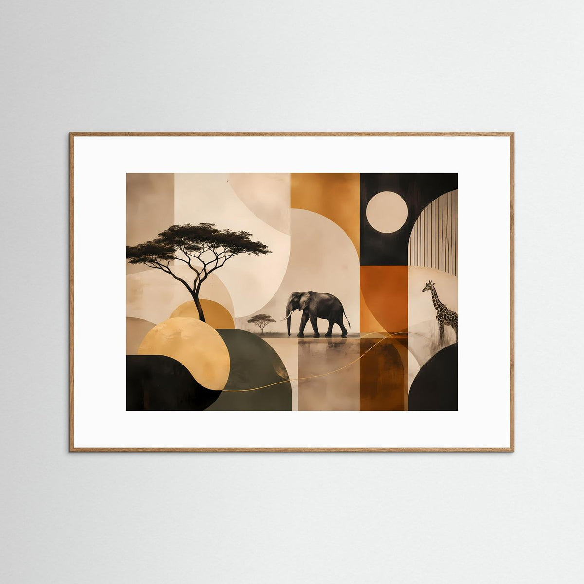 Poster Querformat mit Elefant- und Giraffensilhouetten, abstrakte Afrikaformen, hellem Holzrahmen