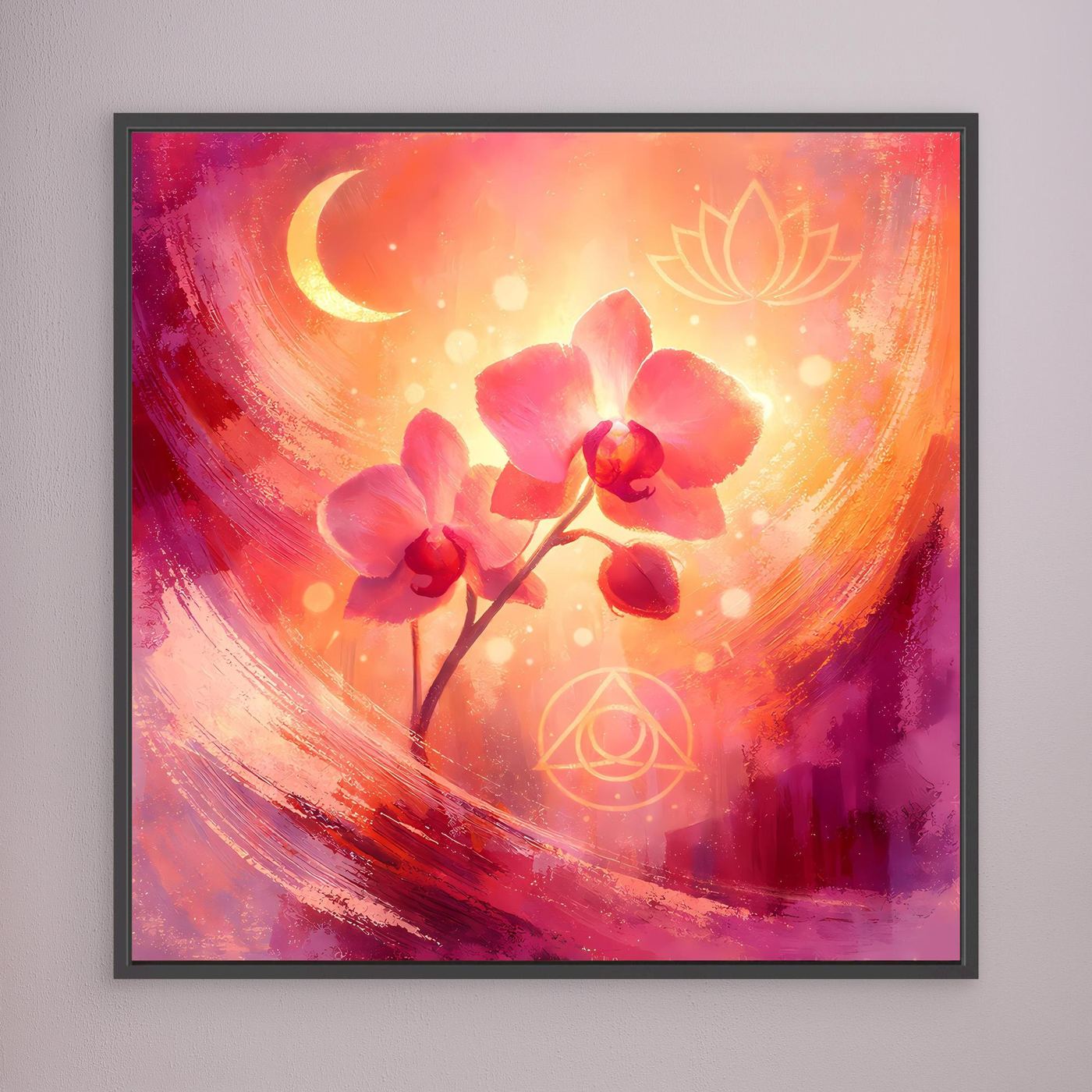 Wandbild mit abstrakten Orchideen, Mondsichel und Lotus-Symbolen, im schwarzen Rahmen