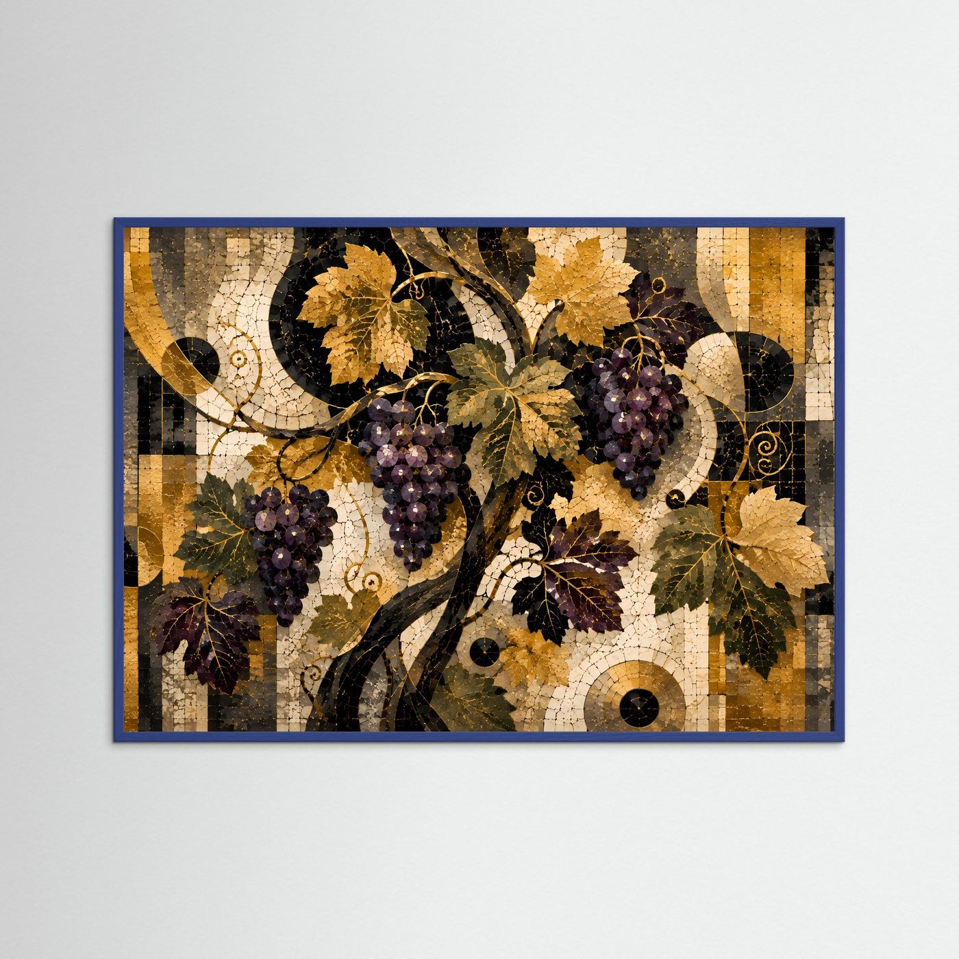 Poster mit abstrakter Mosaik-Grafik goldener Weinreben und Trauben im blauem Rahmen