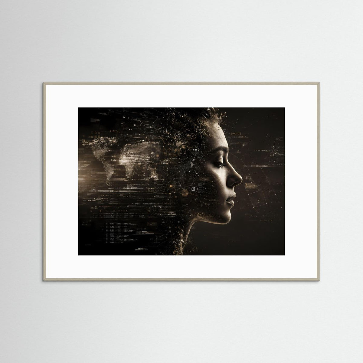 Querformat-Poster mit Frauenprofil und Datenwelt in Schwarz-Goldtönen, grauer Rahmen