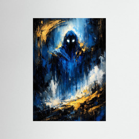 Fantasy-Kunstposter im Hochformat: schwarze Magierfigur in Blau, mit goldenen Akzenten