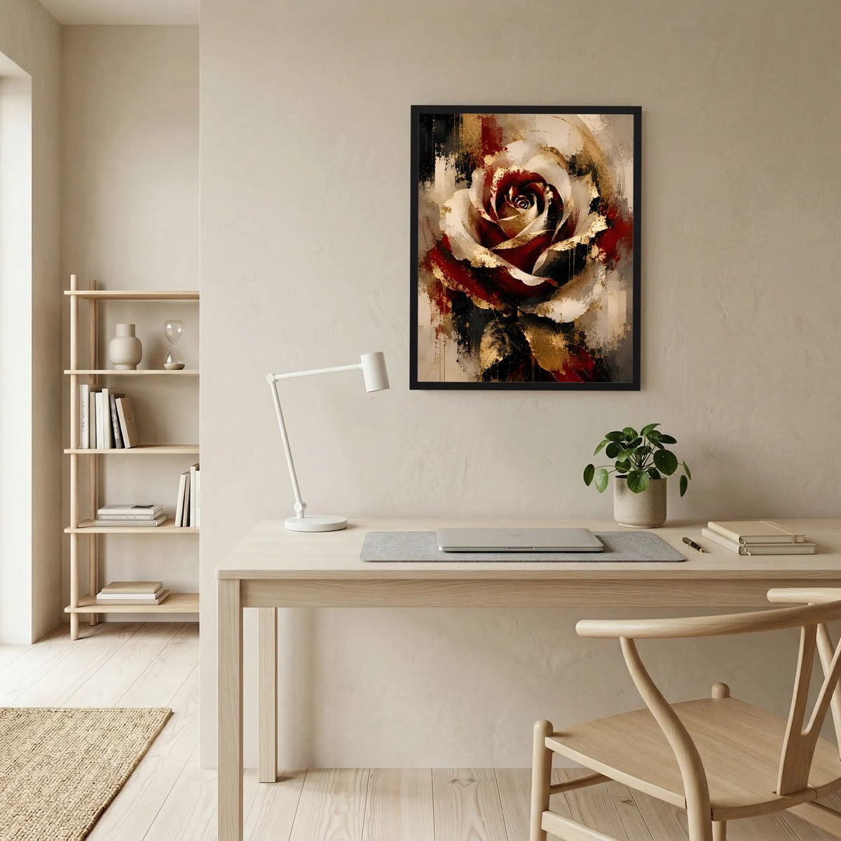 Abstraktes Rosenposter im schwarzen Rahmen, abstrakte Rosenblüte in Rot, Gold, Schwarz