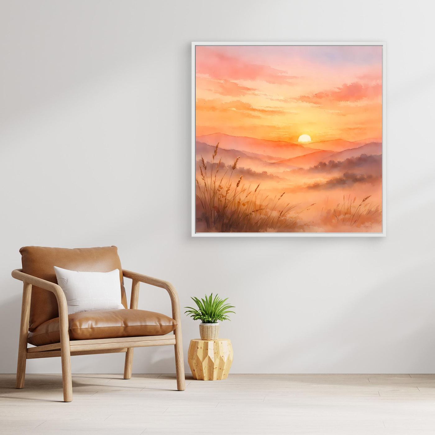 Leinwandbild mit hellem Rahmen, warmes Aquarell Sonnenuntergangsmotiv über Bergen und Nebel