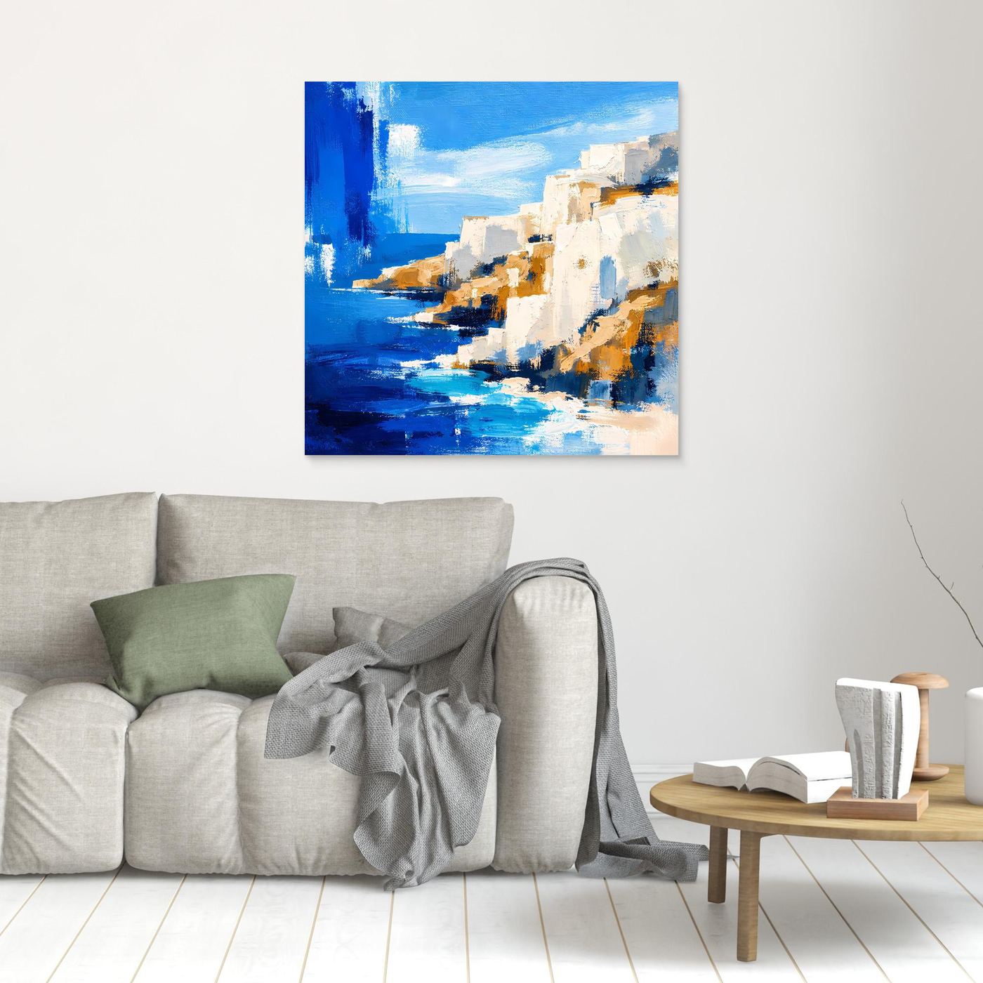 Leinwand-Wandbild mit abstrakter Küstenlandschaft in Blau und Weiß, Holzrahmen