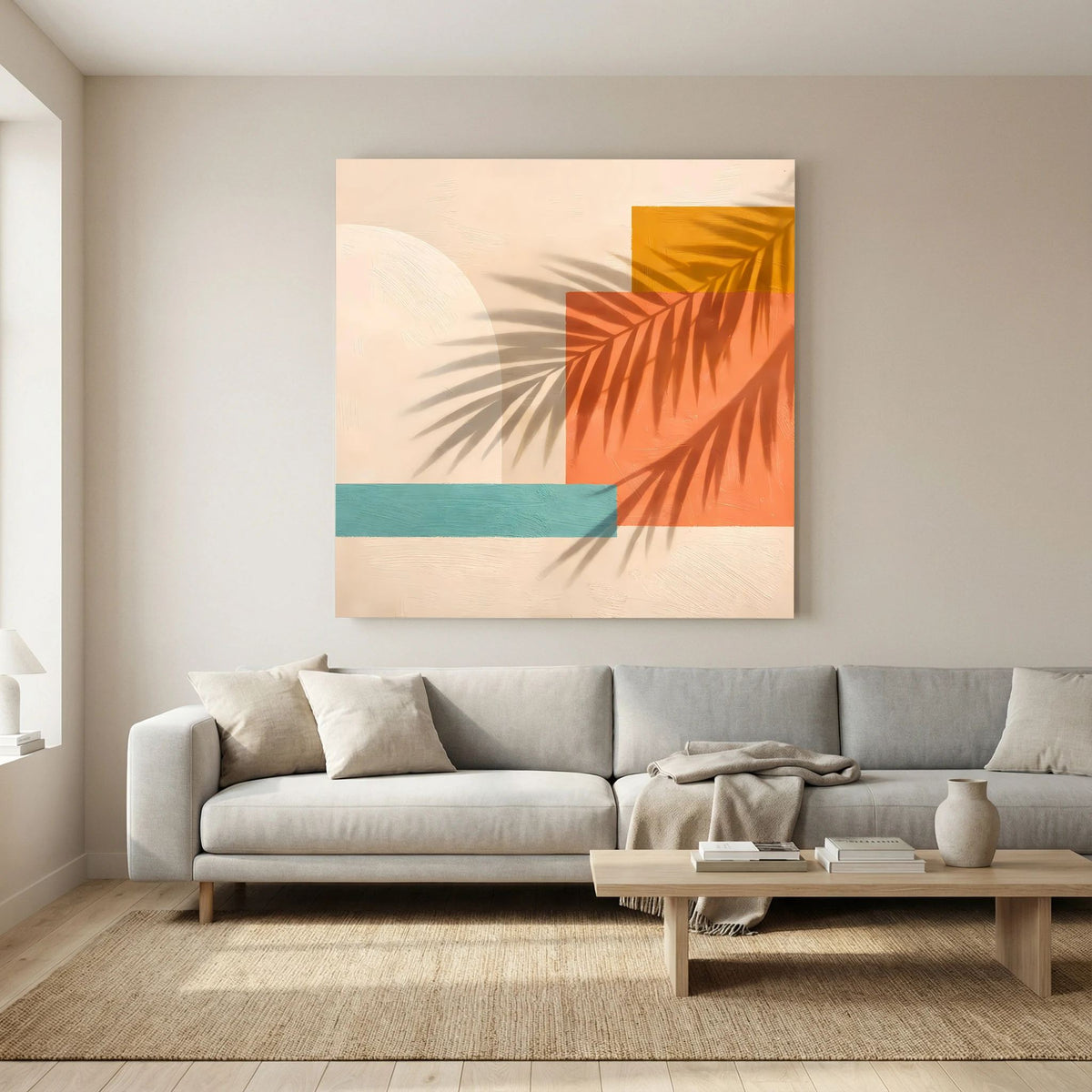 Leinwand Abstrakte Geometrie mit Palmenschatten | Modernes Boho Wandbild Terracotta