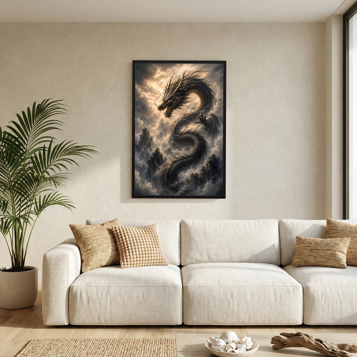 Drachenposter im Hochformat mit schwarzem Drachen über Wolkenbergen, schwarzer Rahmen