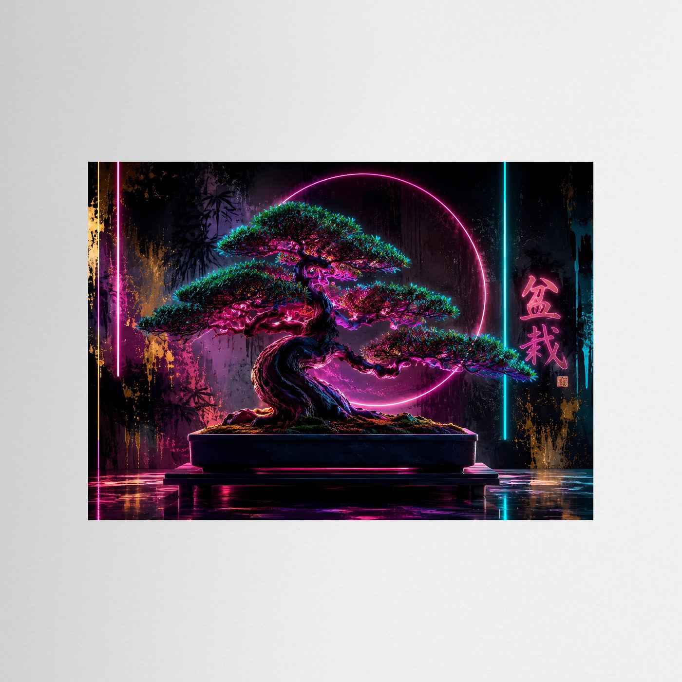 Neon Bonsai Poster | Japanische Zen Kunst | Cyber Bonsai Baum | Futuristische Wandkunst | Fine Art Print