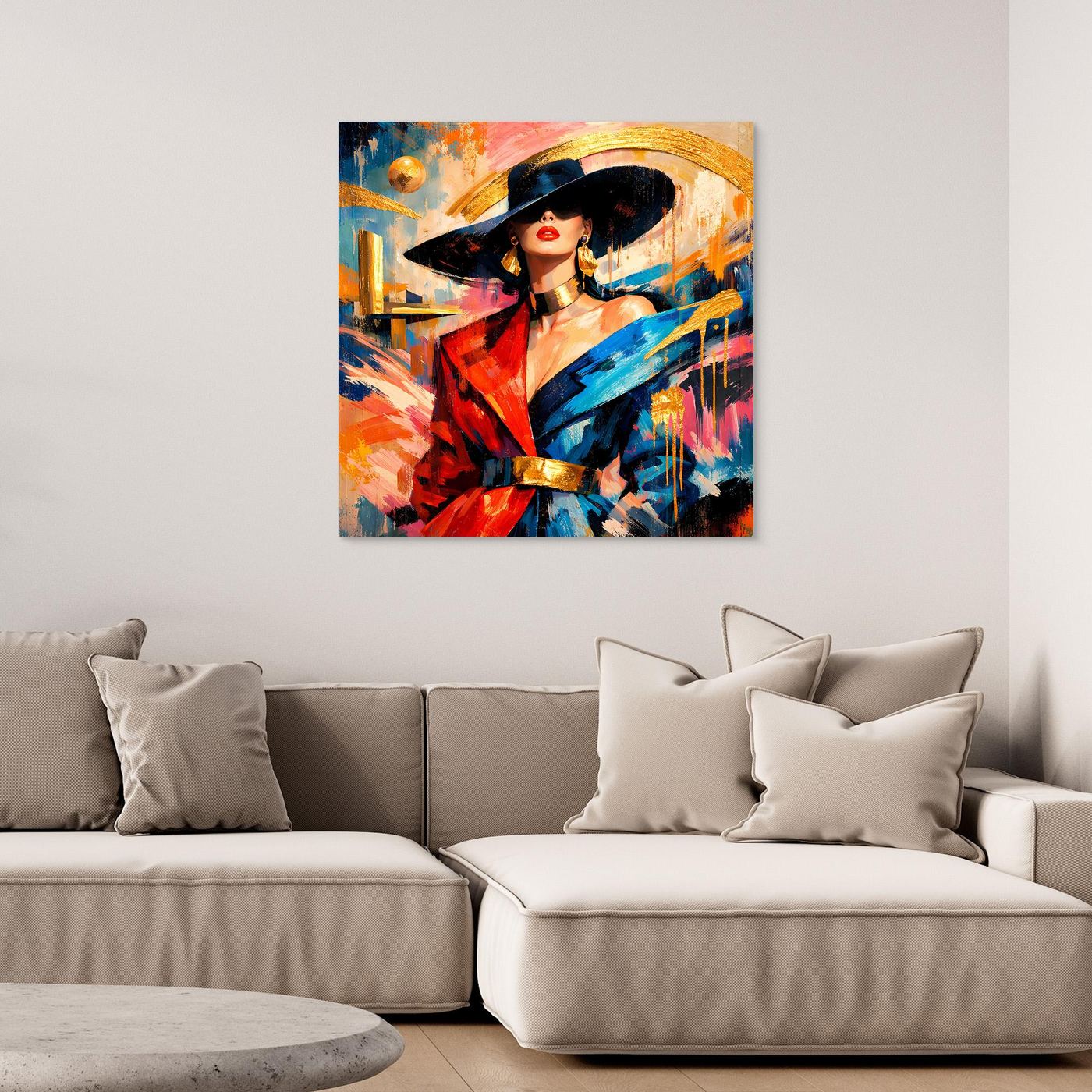 Leinwandbild ohne Rahmen: elegante Dame mit Hut, buntes abstraktes Fashion-Porträt.
